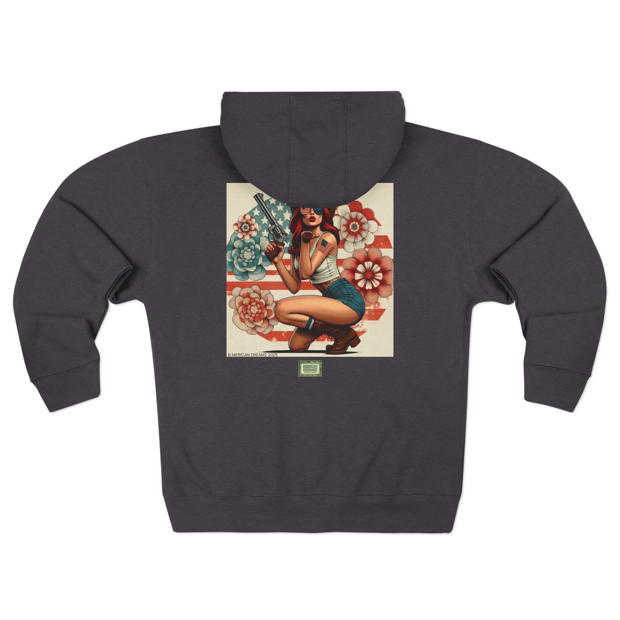 Americana Pinup Cowgirl with 44 Magnum Zip Hoodie — Retro Vintage Patriotic Graphic