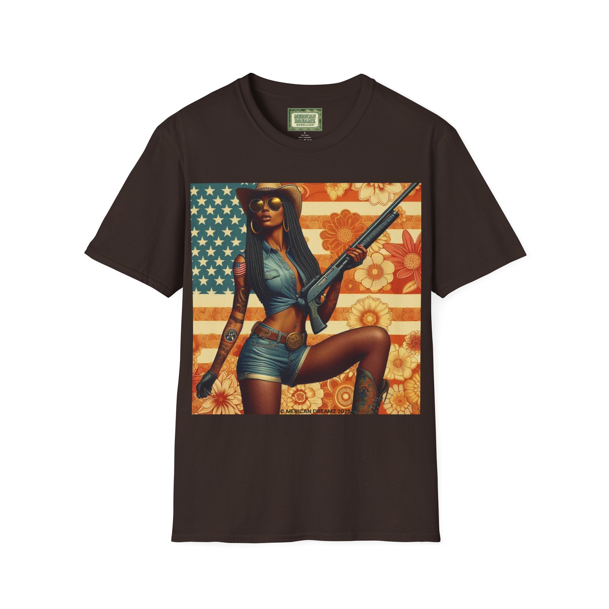 Pin-Up Americana T-Shirt — Retro Floral Gun Cowgirl Vintage Style (US Only)