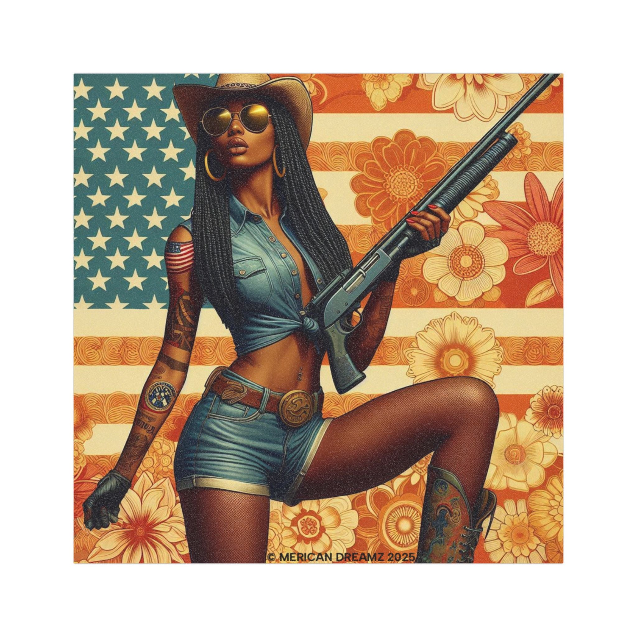 Car Magnet Patriotic Americana Cowgirl with Shotgun | Square American Flag Vintage Floral