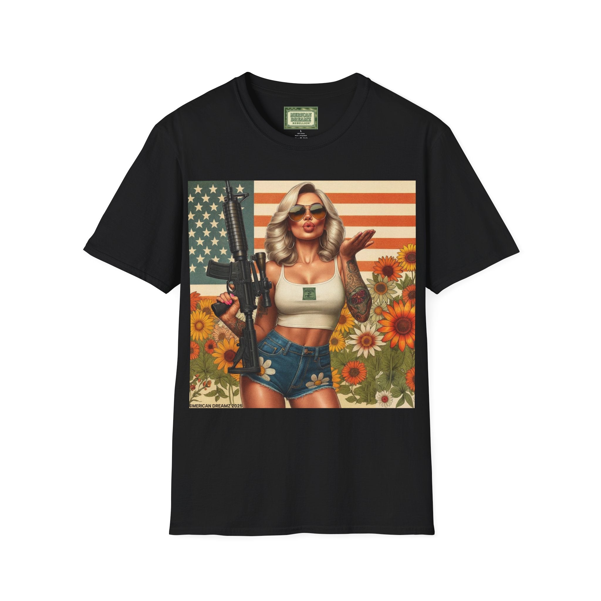 Pin-Up Americana T-Shirt — Retro Floral Gun Cowgirl Vintage Style (US Only)