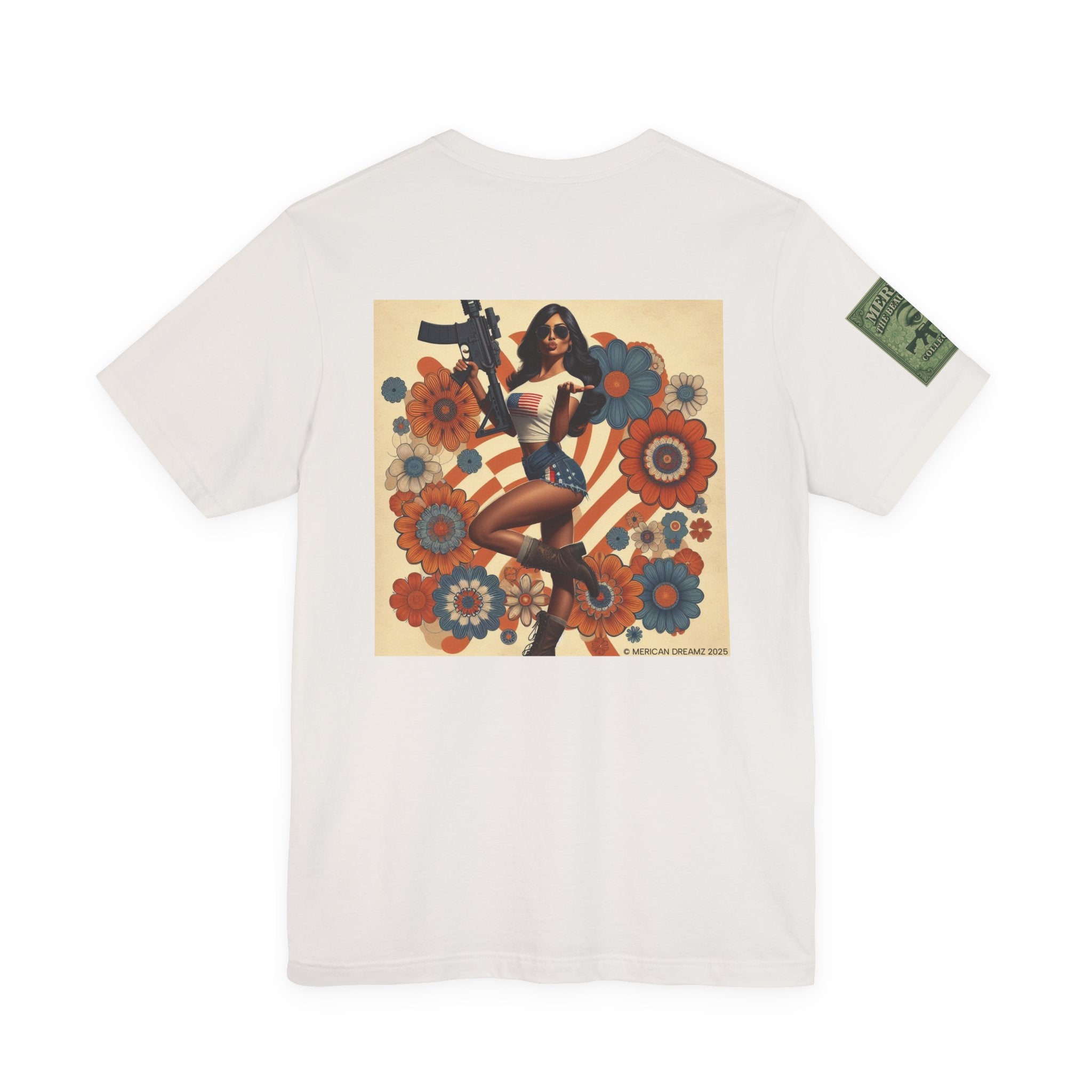 Graphic Short Sleeve Tee front and back — Retro Americana Pin-Up Girls with AR-15 Rifles