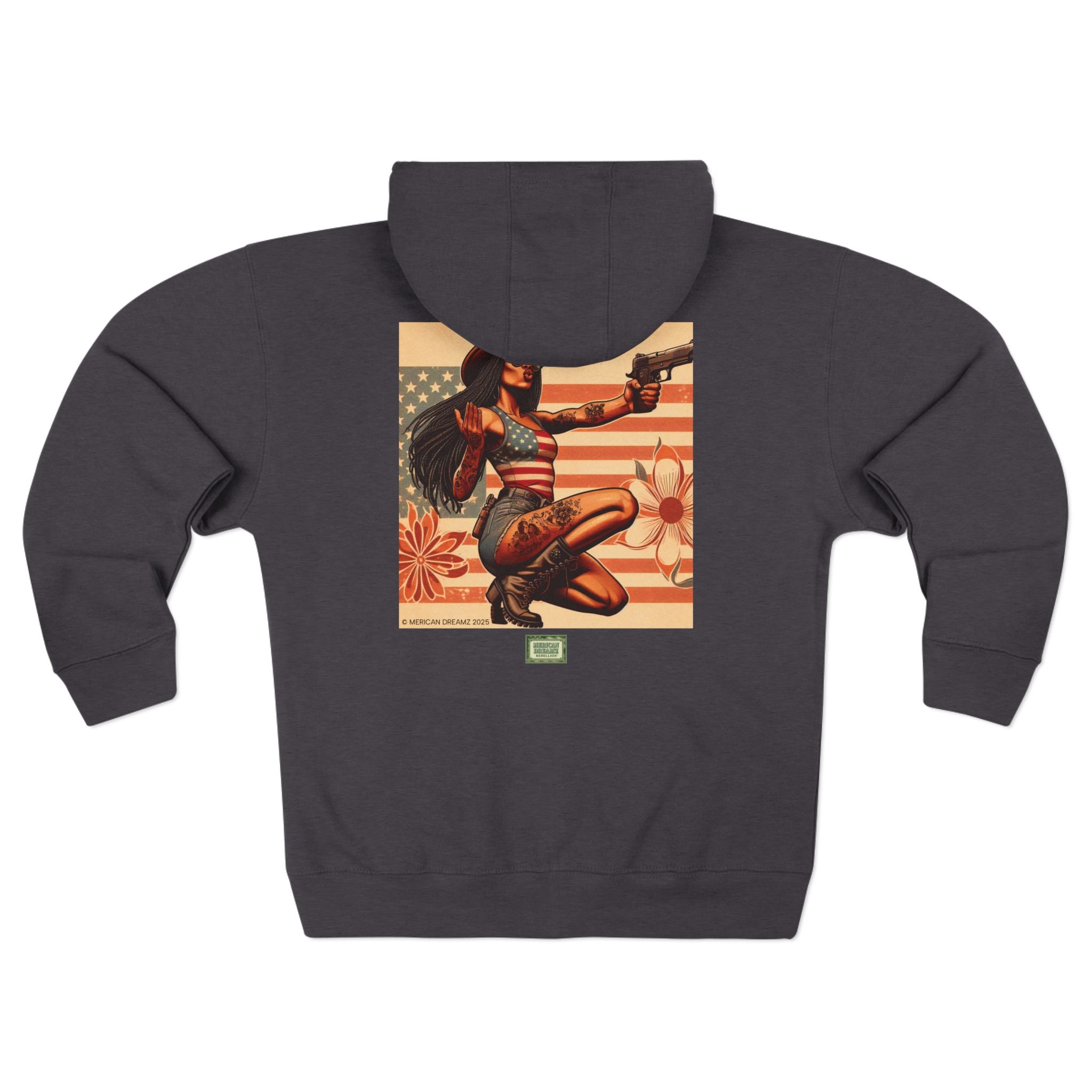 Americana Pinup Cowgirl with 9mm Zip Hoodie — Retro Vintage Patriotic Graphic