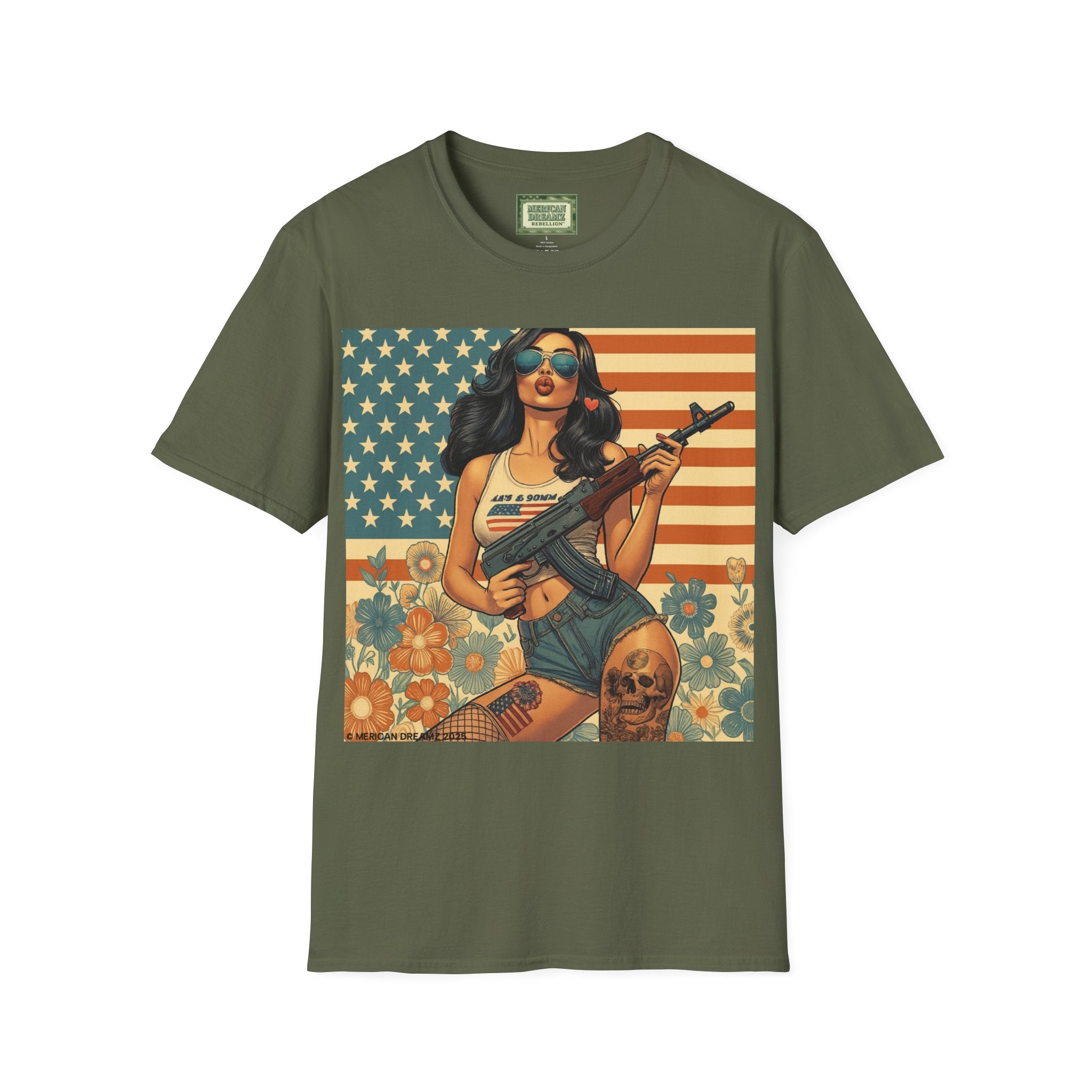Graphic T-Shirt — Patriotic Pinup Girl with Rifle Vintage Flag Design (US Only)