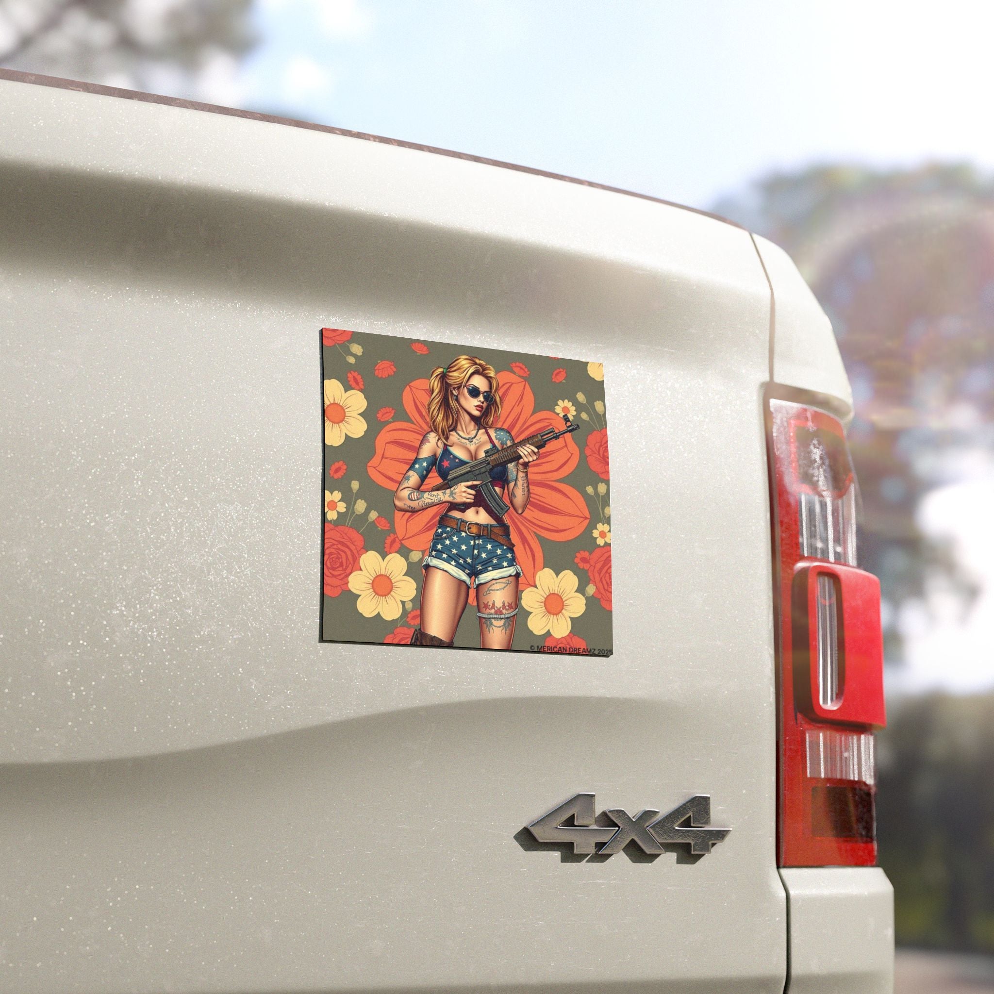 Car Magnet Americana Pinup girl with Rifle | Square Vintage Floral