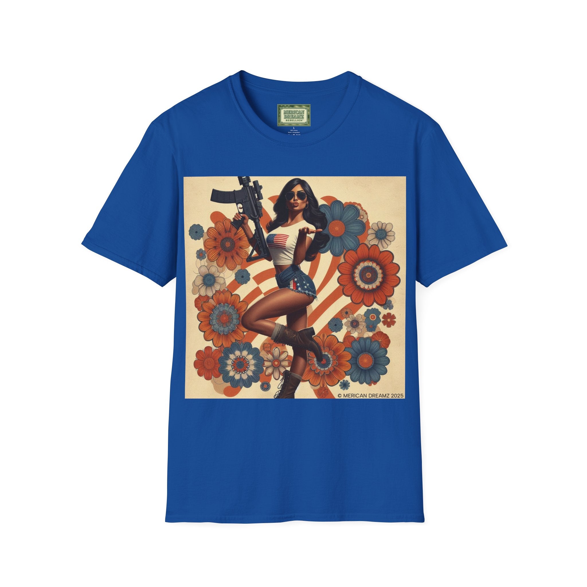 Graphic T-Shirt — Patriotic Pinup Girl with Rifle Vintage Flag Design (US Only)