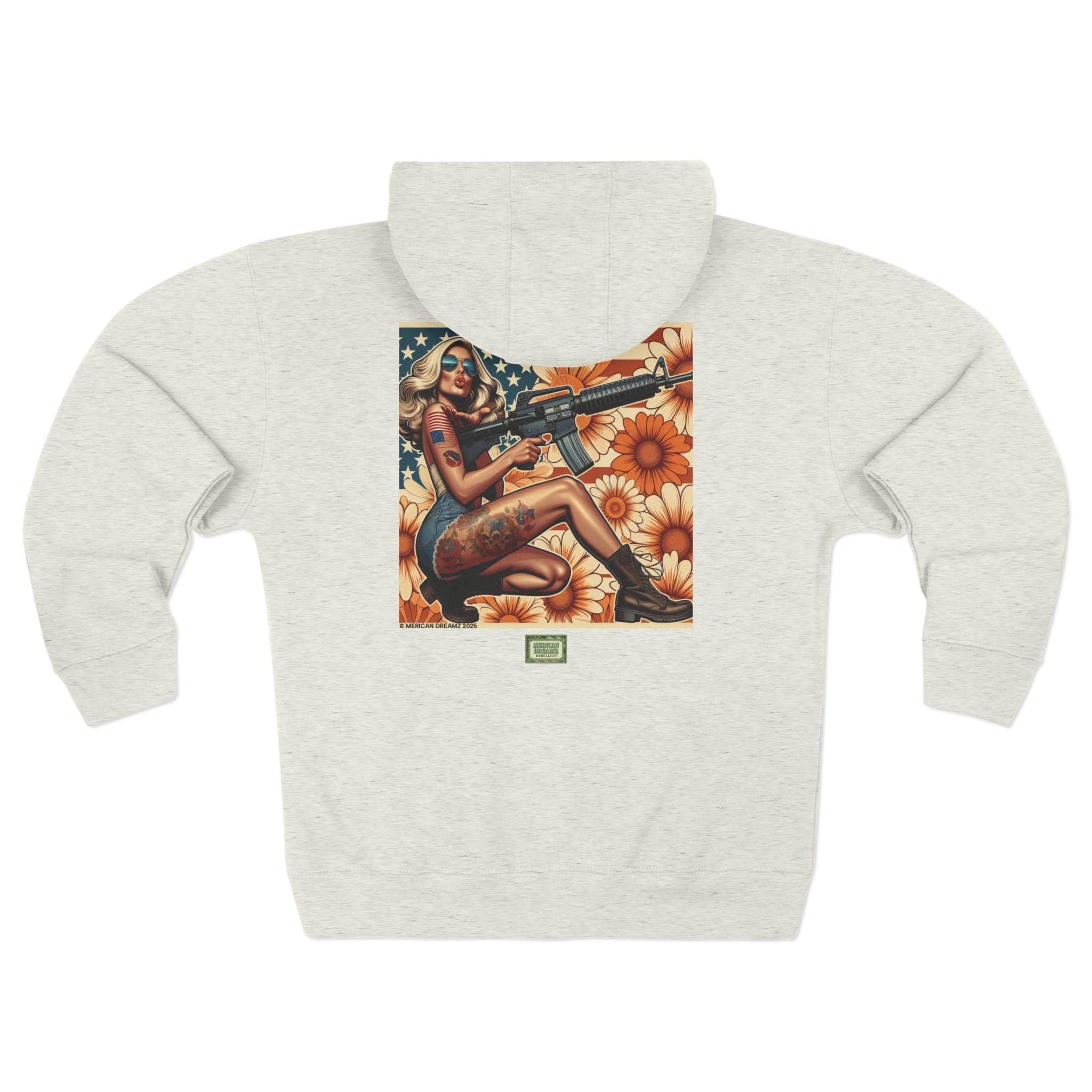 Americana Pinup Cowgirl with AR-15 Zip Hoodie — Retro Vintage Patriotic Graphic