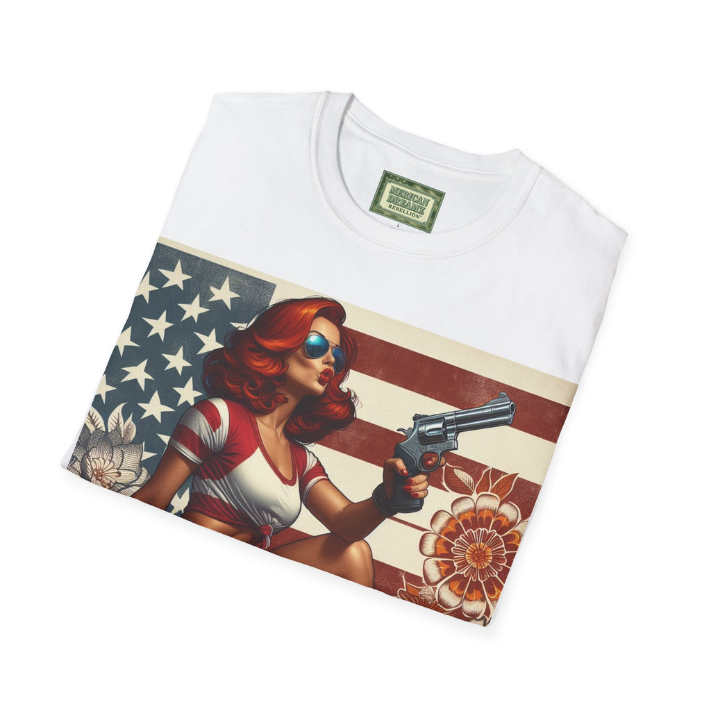 Graphic T-Shirt — Patriotic Pinup Girl with Rifle Vintage Flag Design (US Only)