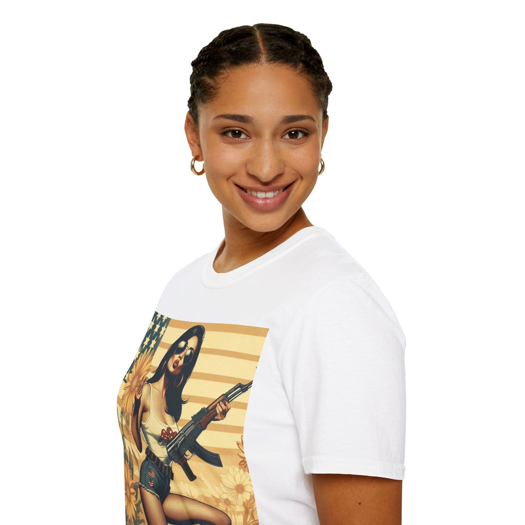 Graphic T-Shirt — Patriotic Pinup Girl with Rifle Vintage Flag Design (US Only)