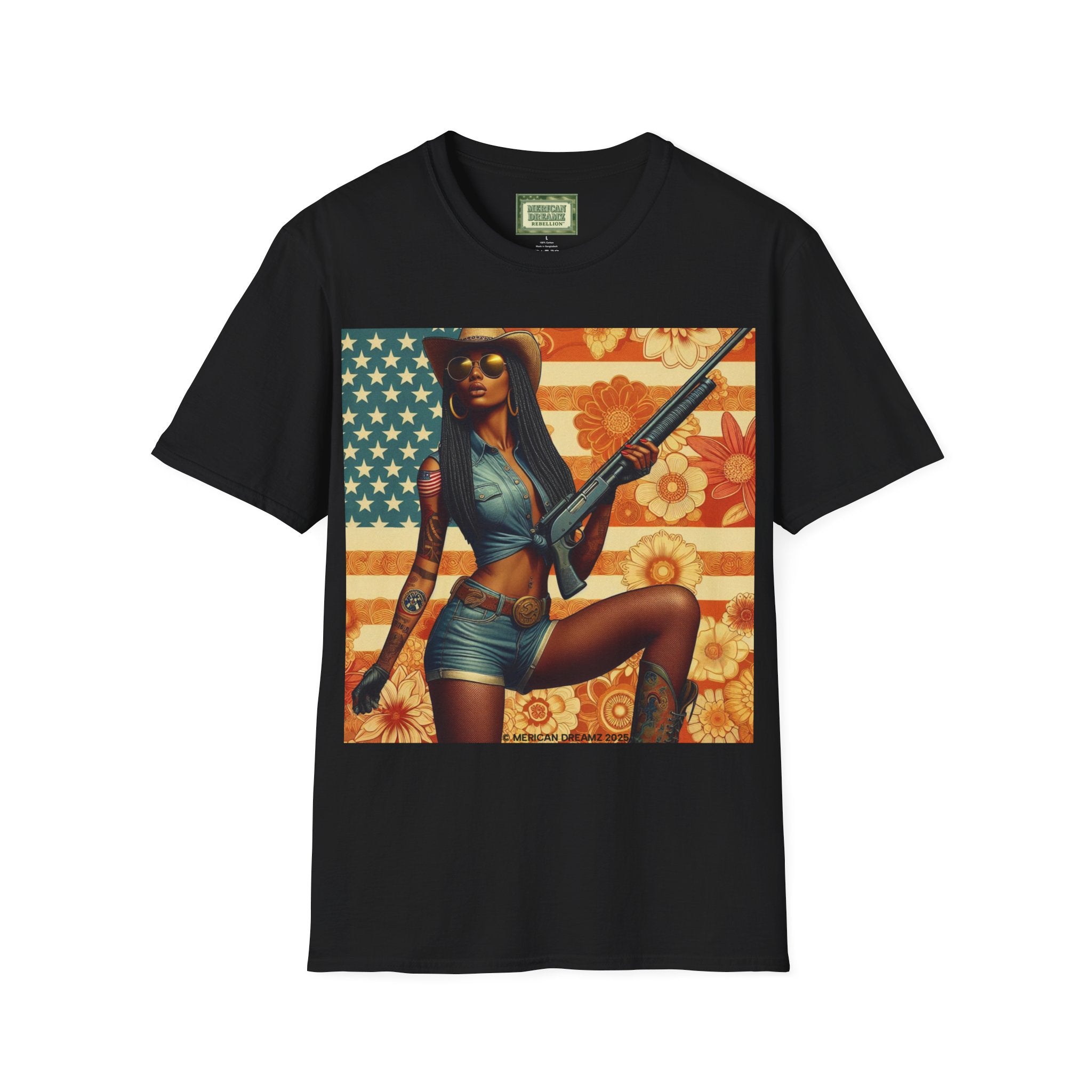 Pin-Up Americana T-Shirt — Retro Floral Gun Cowgirl Vintage Style (US Only)
