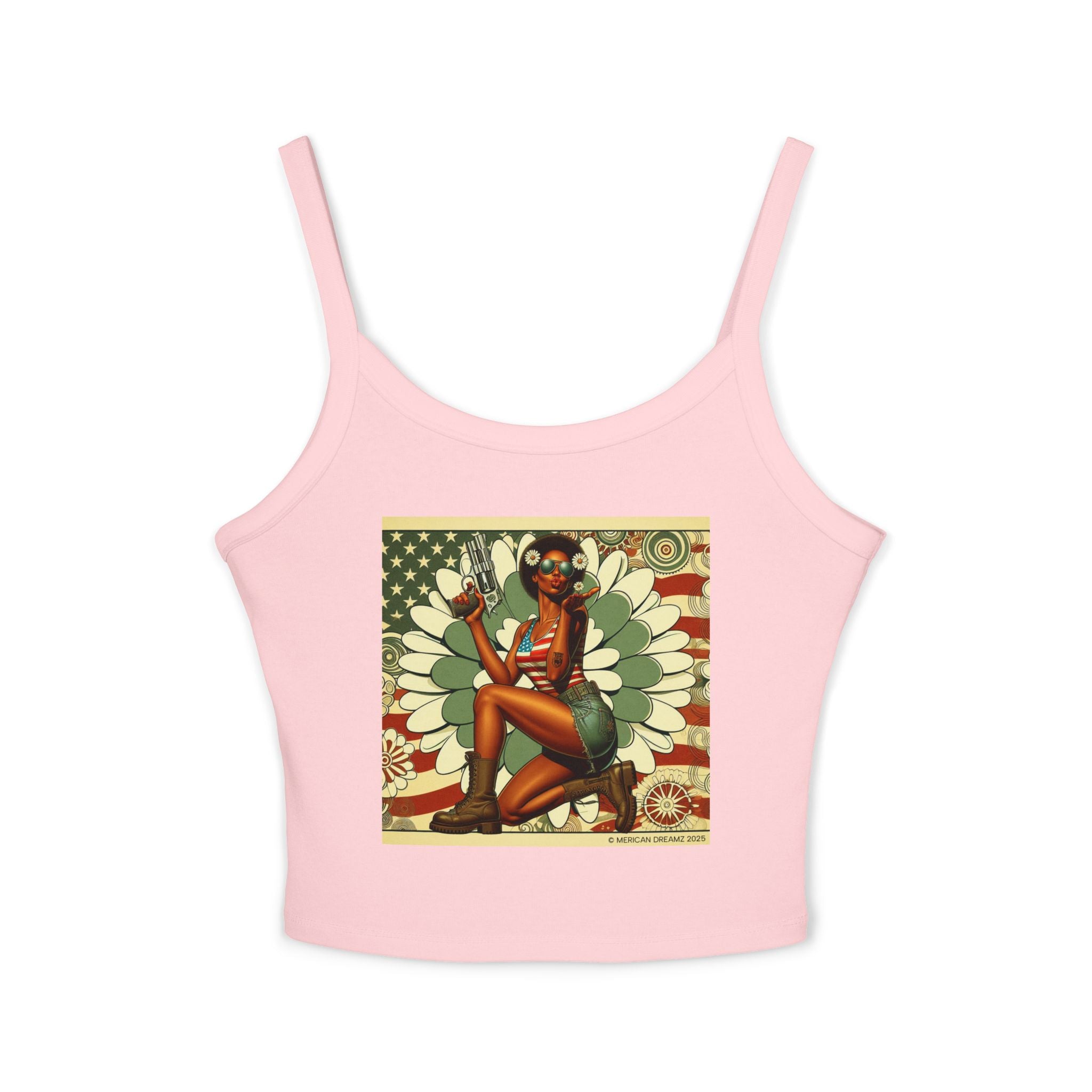 Retro Pinup Girl Tank Top — Vintage Flag & Floral Spaghetti Strap