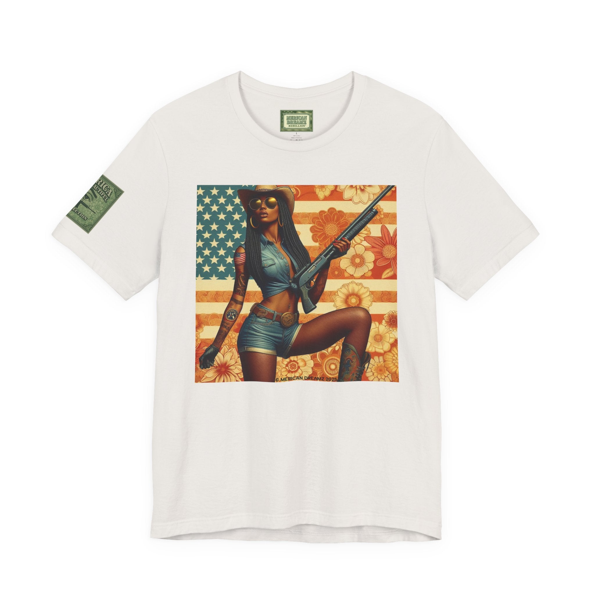 Graphic Short Sleeve Tee front and back — Retro Americana Pin-Up Cowgirls with 12 Gauge Shotguns
