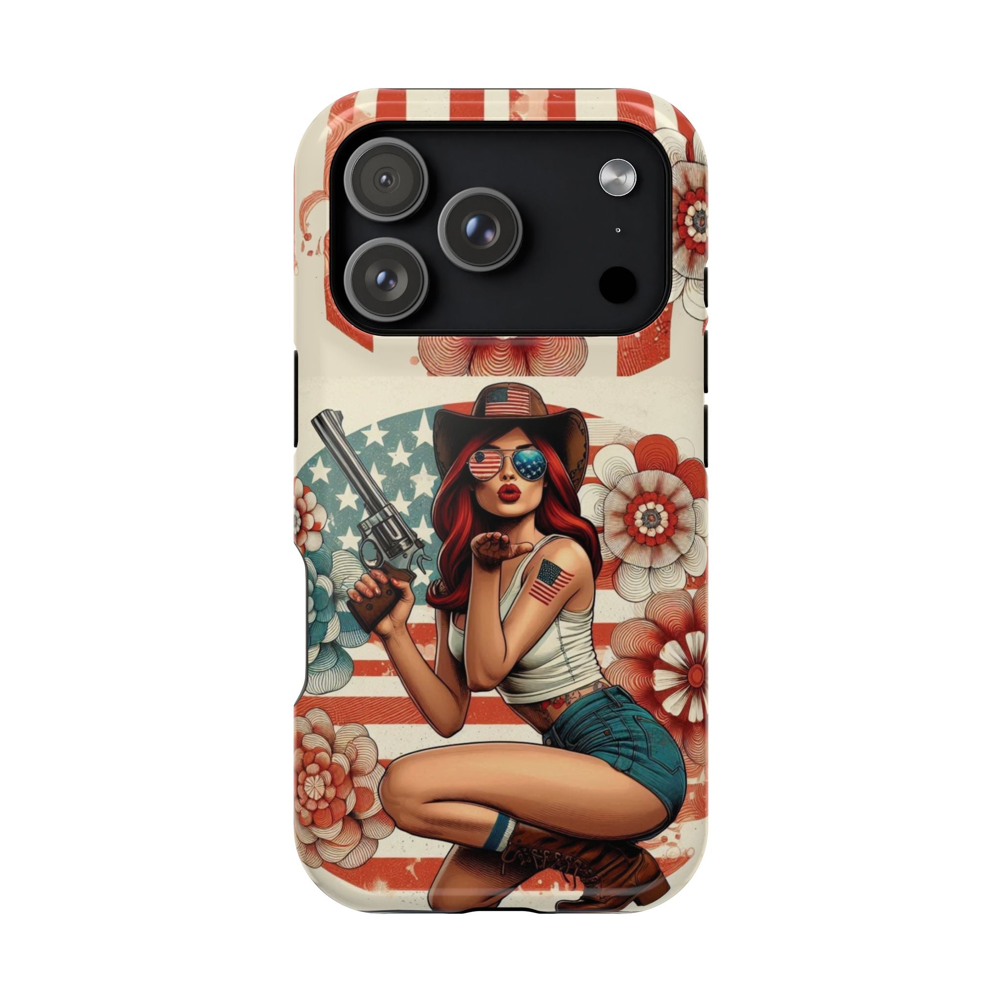 Americana .44 Magnum Pinup Girl - Magnetic Impact‑Resistant Phone Case  iPhone 13-17 / Samsung S26  MagSafe Compatible