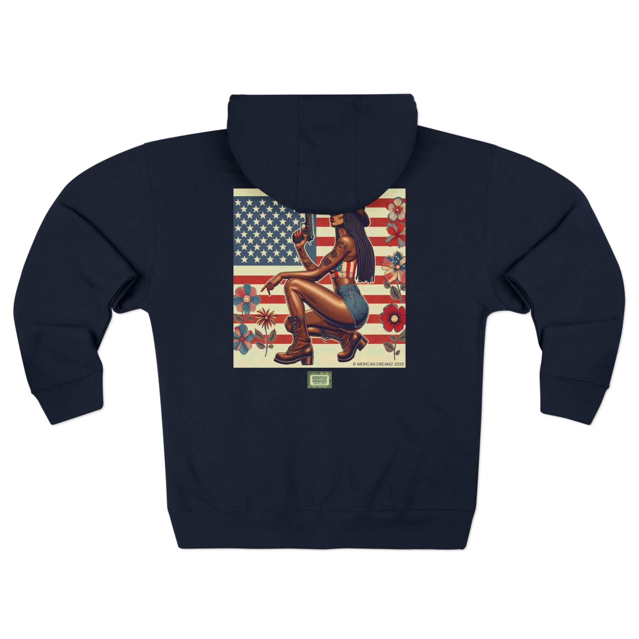 Americana Pinup Cowgirl with 9mm Zip Hoodie — Retro Vintage Patriotic Graphic