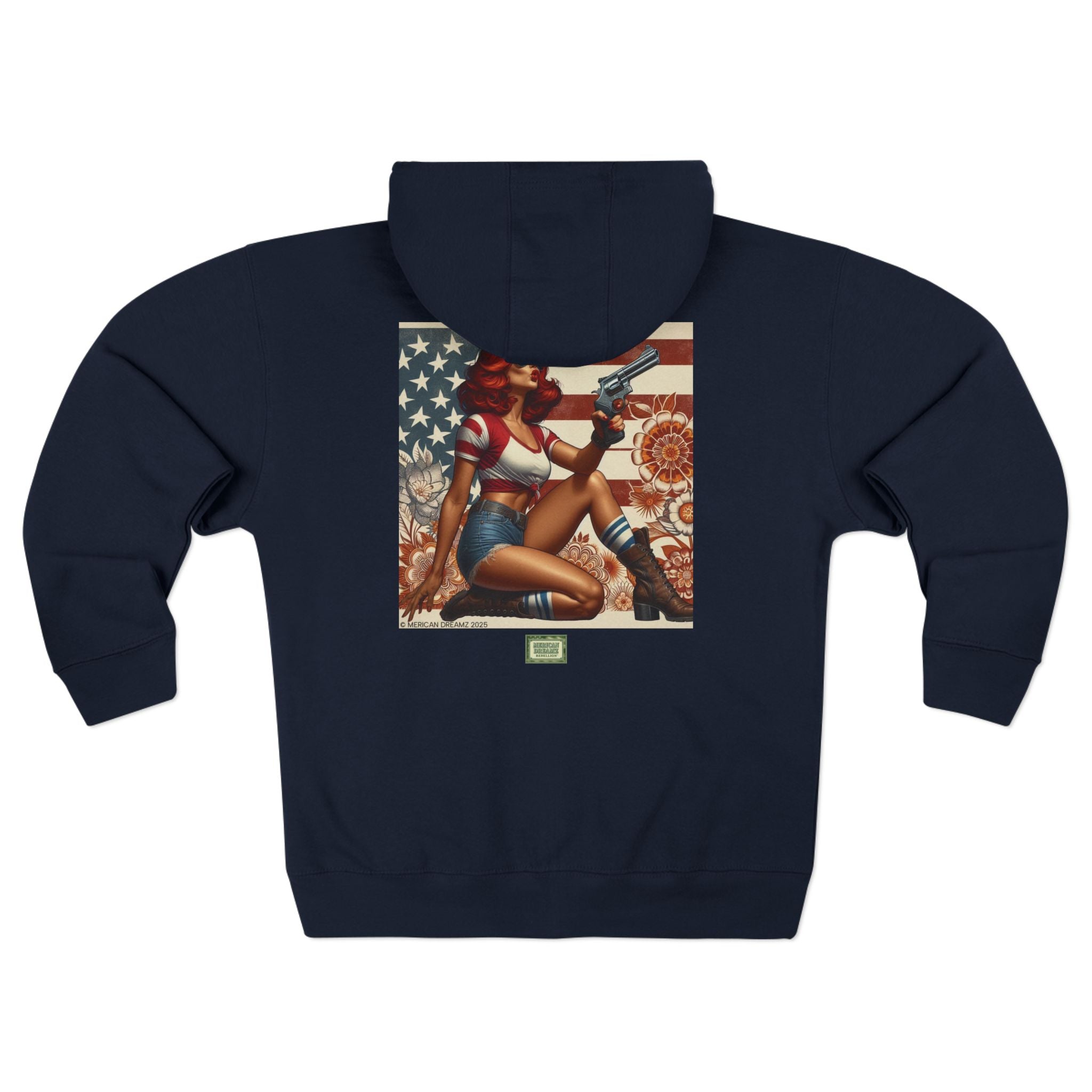 Americana Pinup Cowgirl with 44 Magnum Zip Hoodie — Retro Vintage Patriotic Graphic