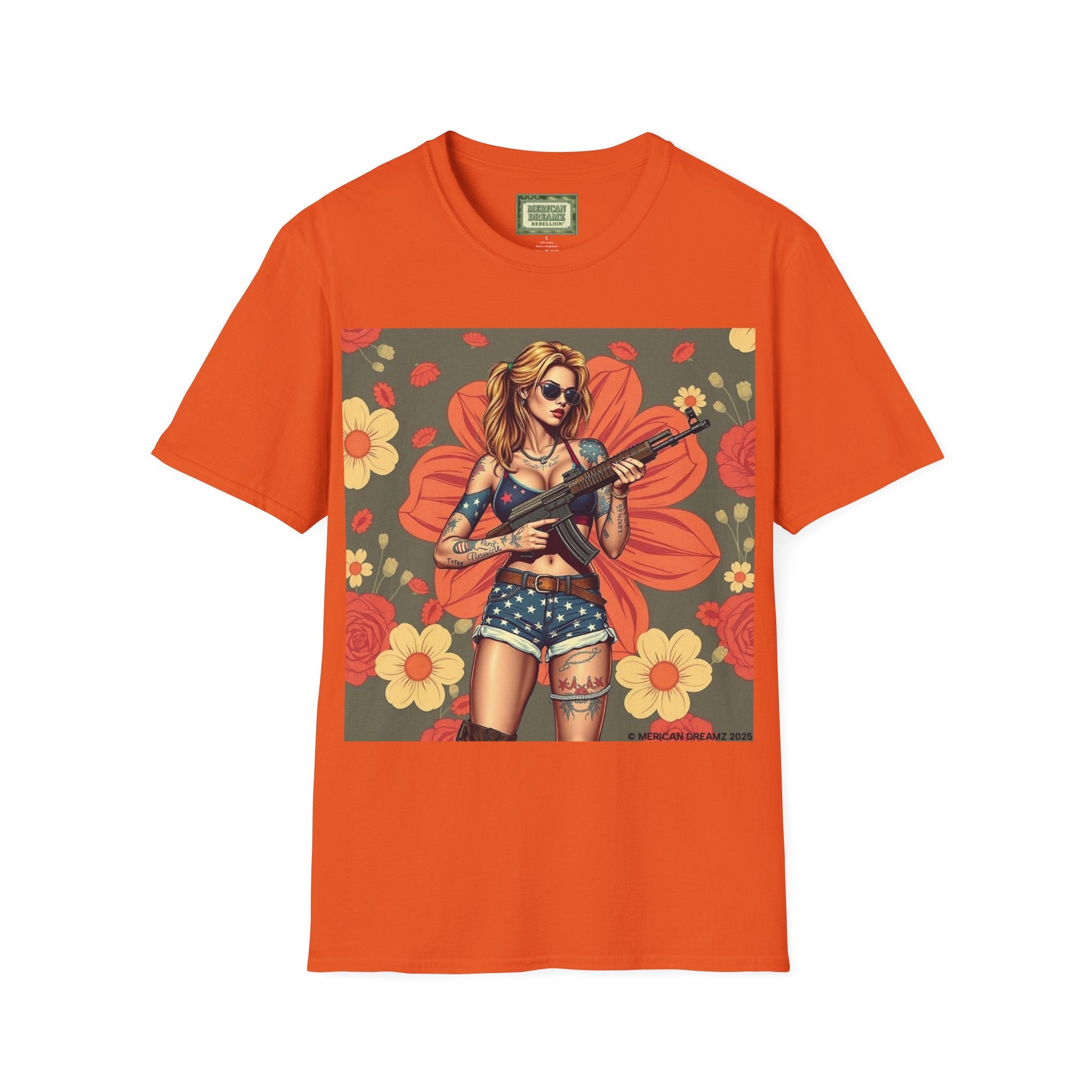 Graphic T-Shirt — Patriotic Pinup Girl with Rifle Vintage Flag Design (US Only)
