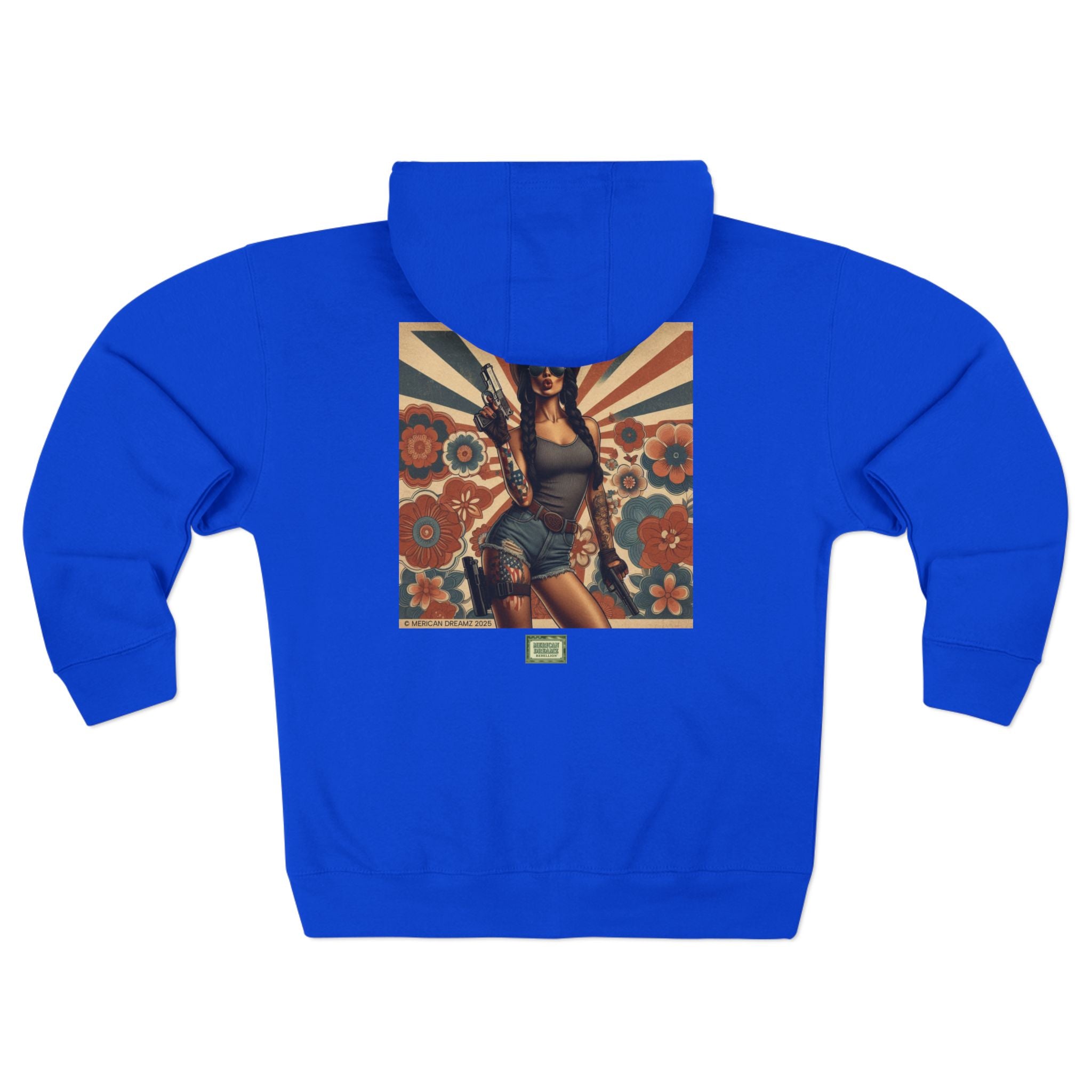Americana Pinup Cowgirl with 9mm Zip Hoodie — Retro Vintage Patriotic Graphic