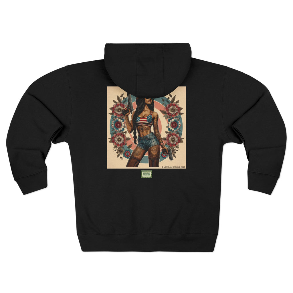 Americana Pinup Cowgirl with 9mm Zip Hoodie — Retro Vintage Patriotic Graphic