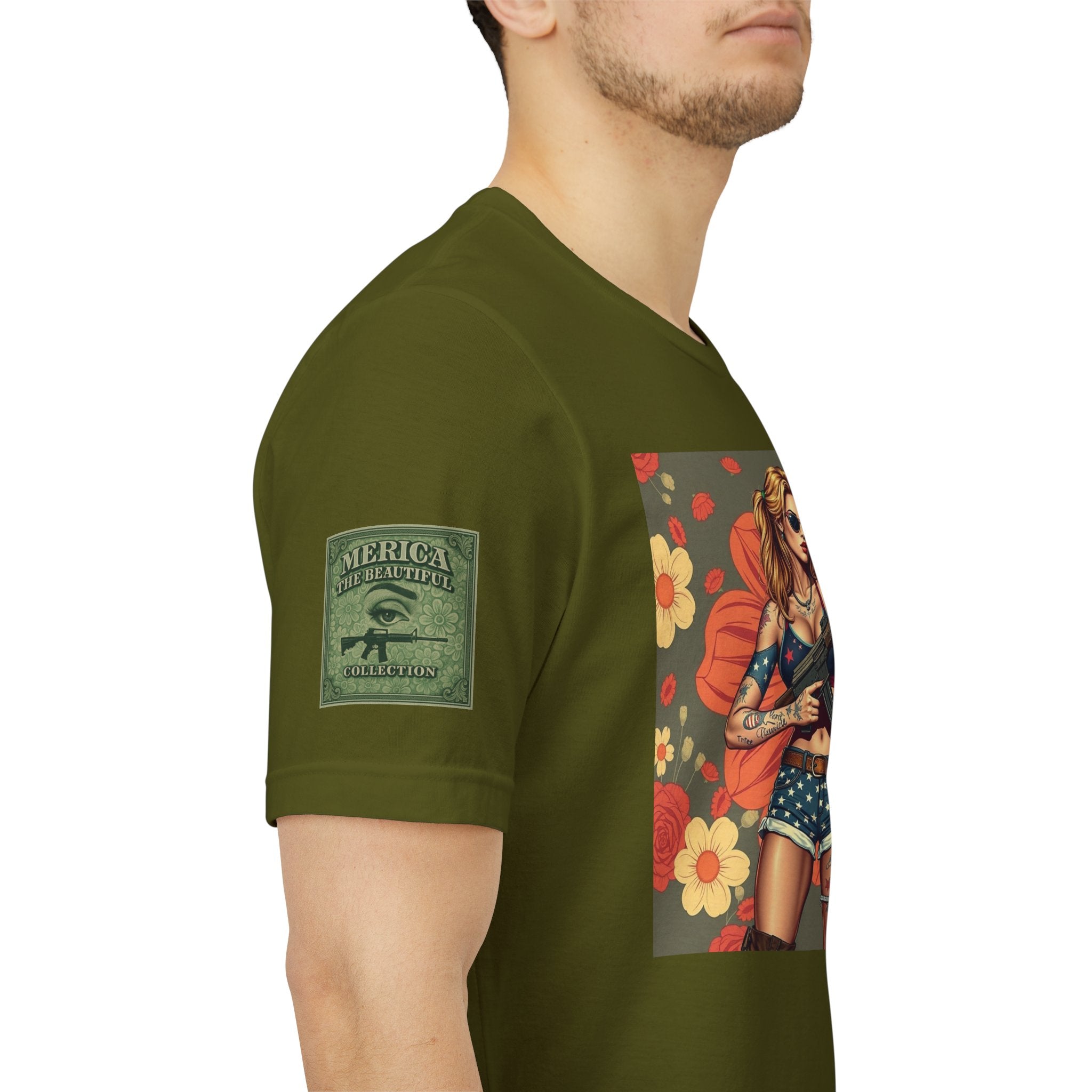 Graphic Short Sleeve Tee front and back — Retro Americana Pin-Up Girls with AK-47 Rifles