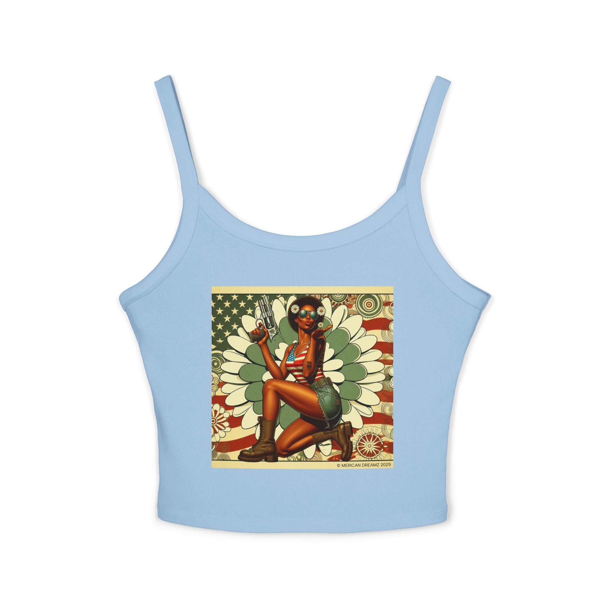 Retro Pinup Girl Tank Top — Vintage Flag & Floral Spaghetti Strap