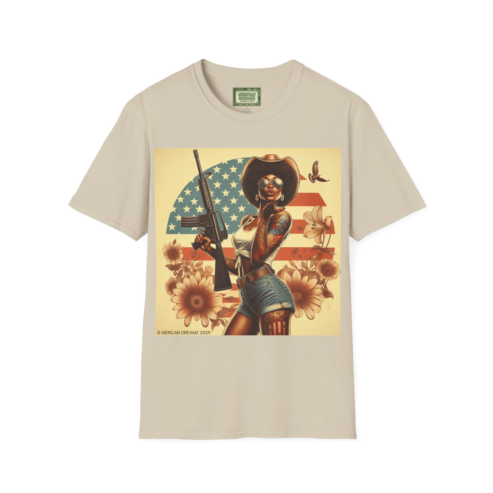 Pin-Up Americana T-Shirt — Retro Floral Gun Cowgirl Vintage Style (US Only)