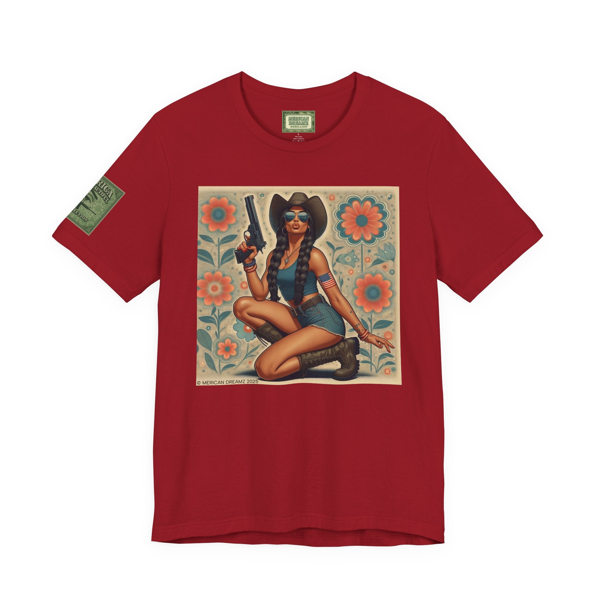 Graphic Short Sleeve Tee front and back — Retro Americana Pin-Up Cowgirls with 9mm Pistols