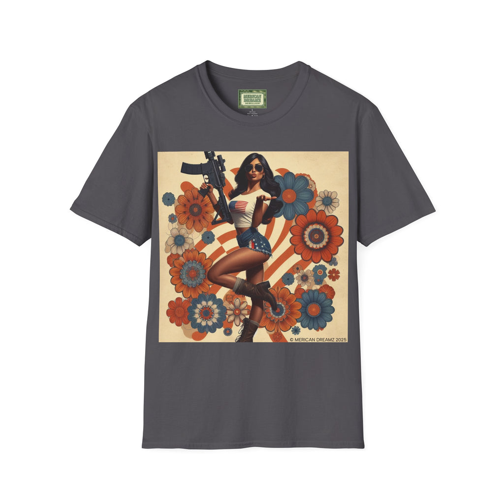 Graphic T-Shirt — Patriotic Pinup Girl with Rifle Vintage Flag Design (US Only)