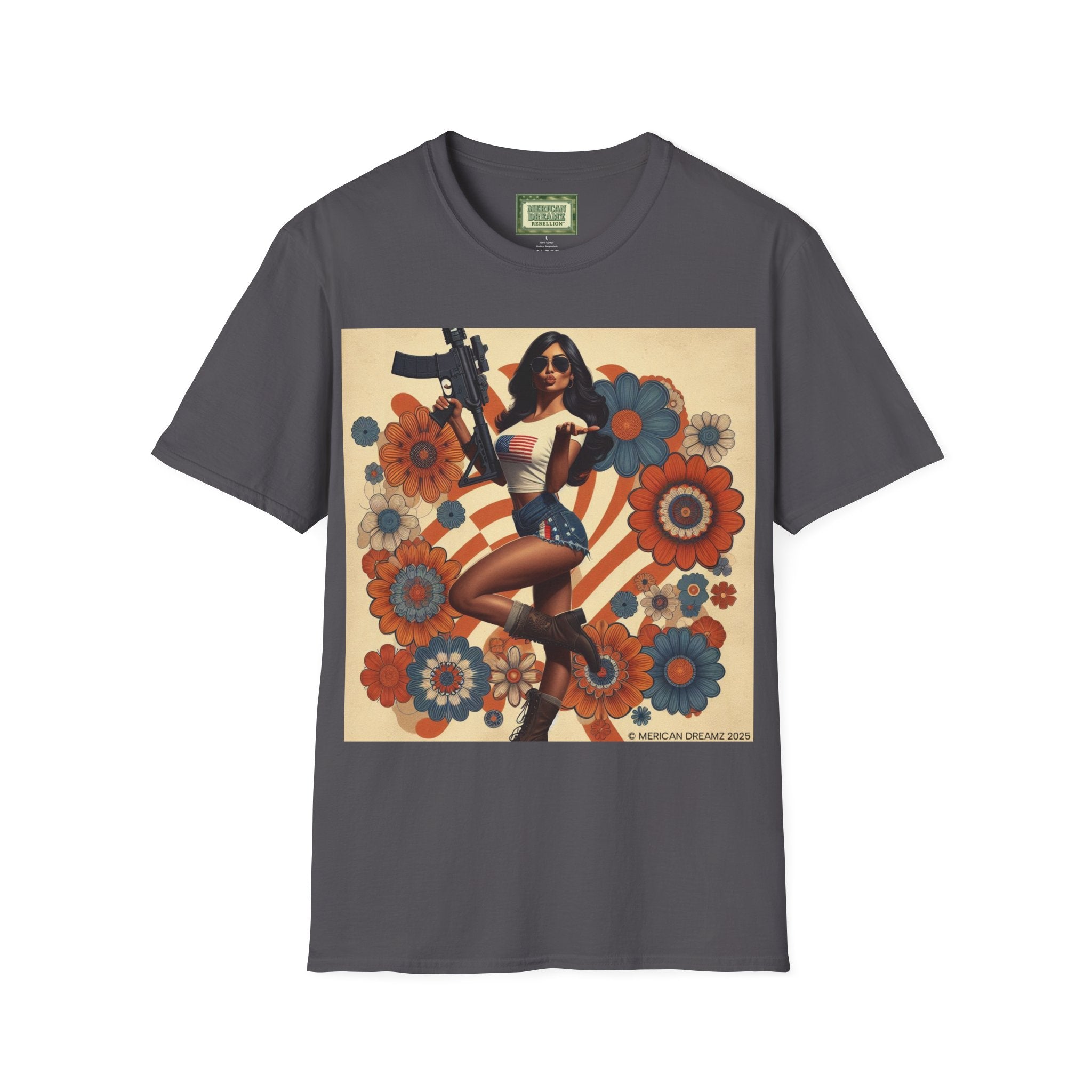Graphic T-Shirt — Patriotic Pinup Girl with Rifle Vintage Flag Design (US Only)