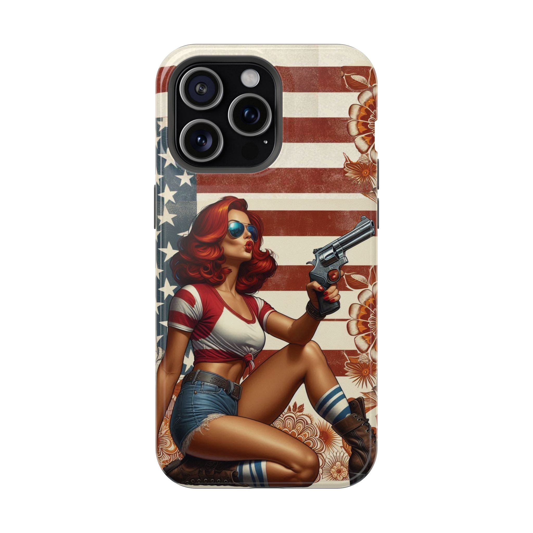 Americana .44 Magnum Pinup Girl - Magnetic Impact‑Resistant Phone Case  iPhone 13-17 / Samsung S26  MagSafe Compatible