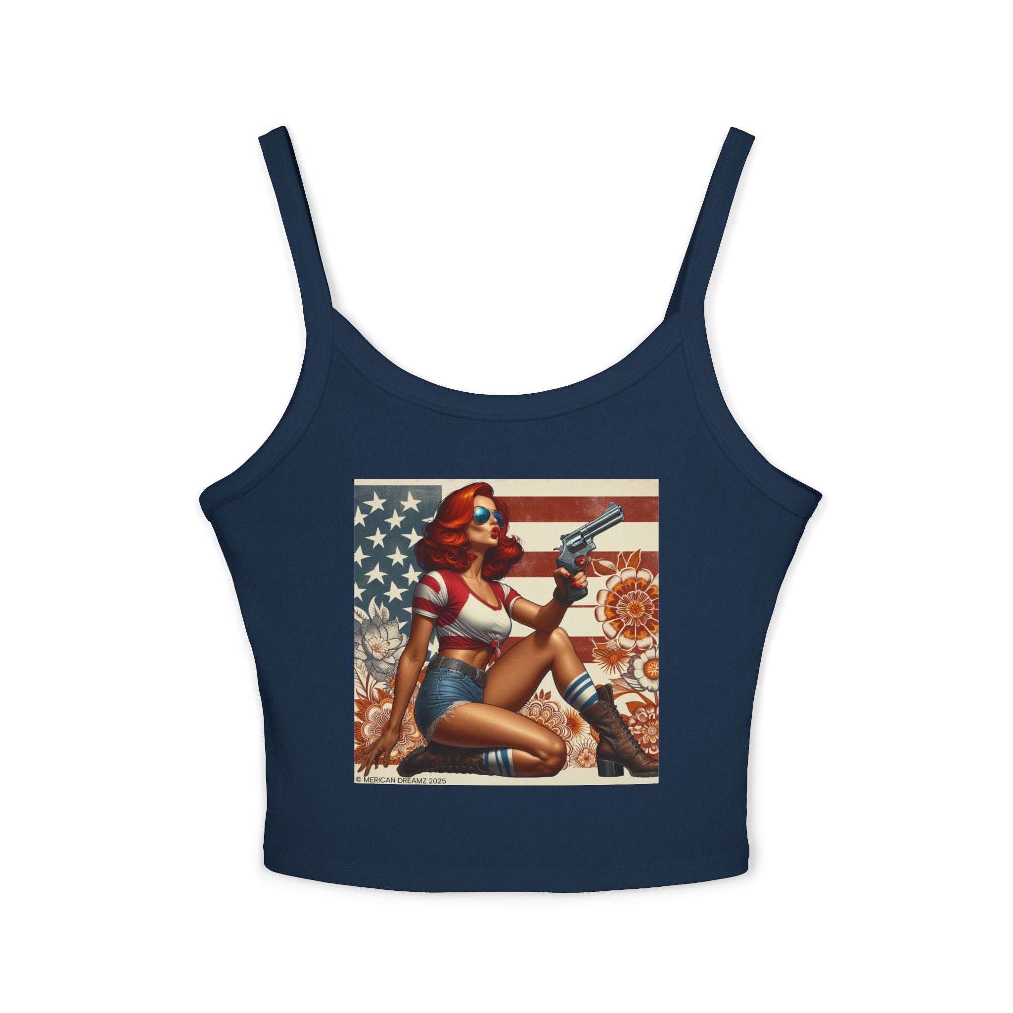 Retro Pinup Girl Tank Top — Vintage Flag & Floral Spaghetti Strap