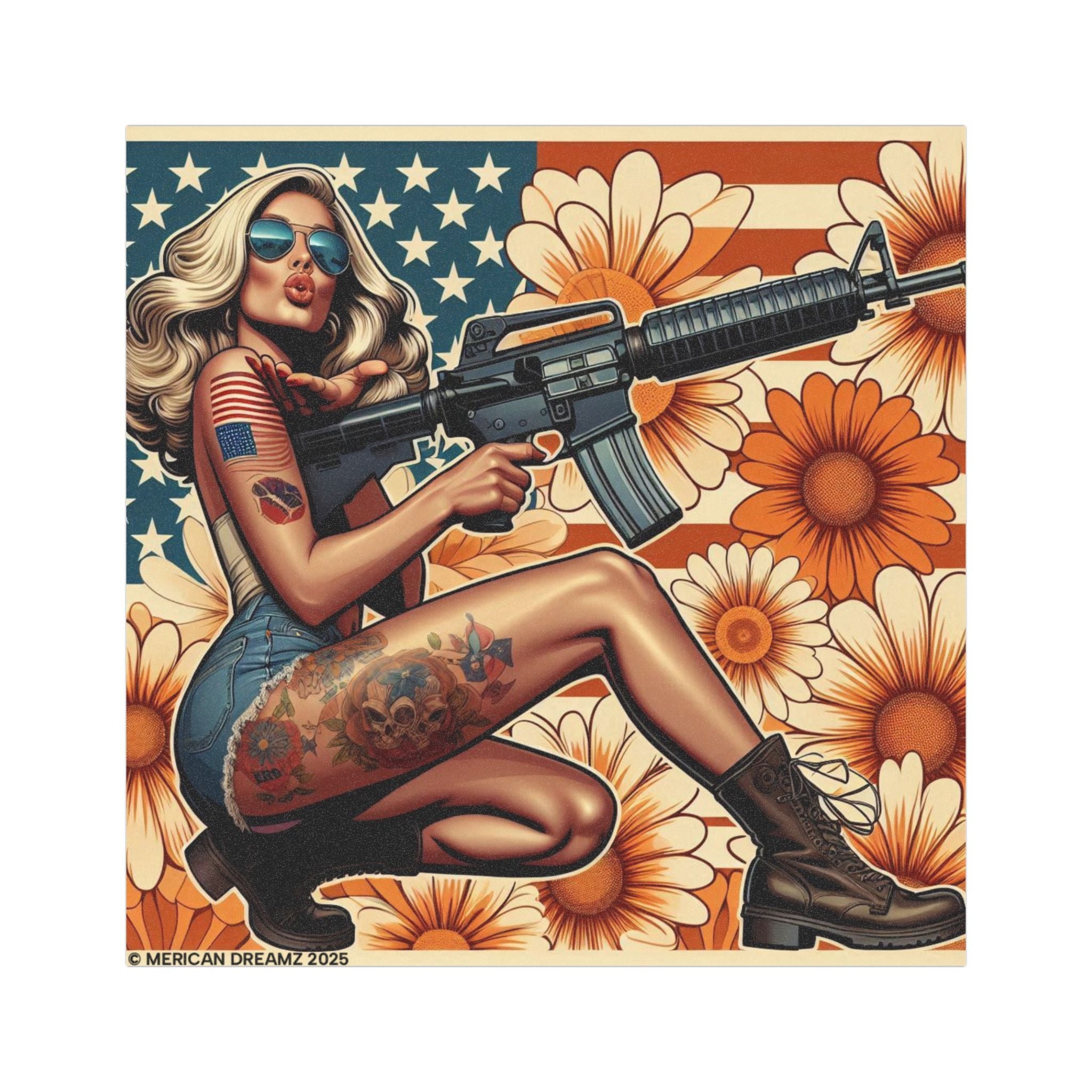 Car Magnet Patriotic Americana Cowgirl with Rifle | Square American Flag Vintage Floral