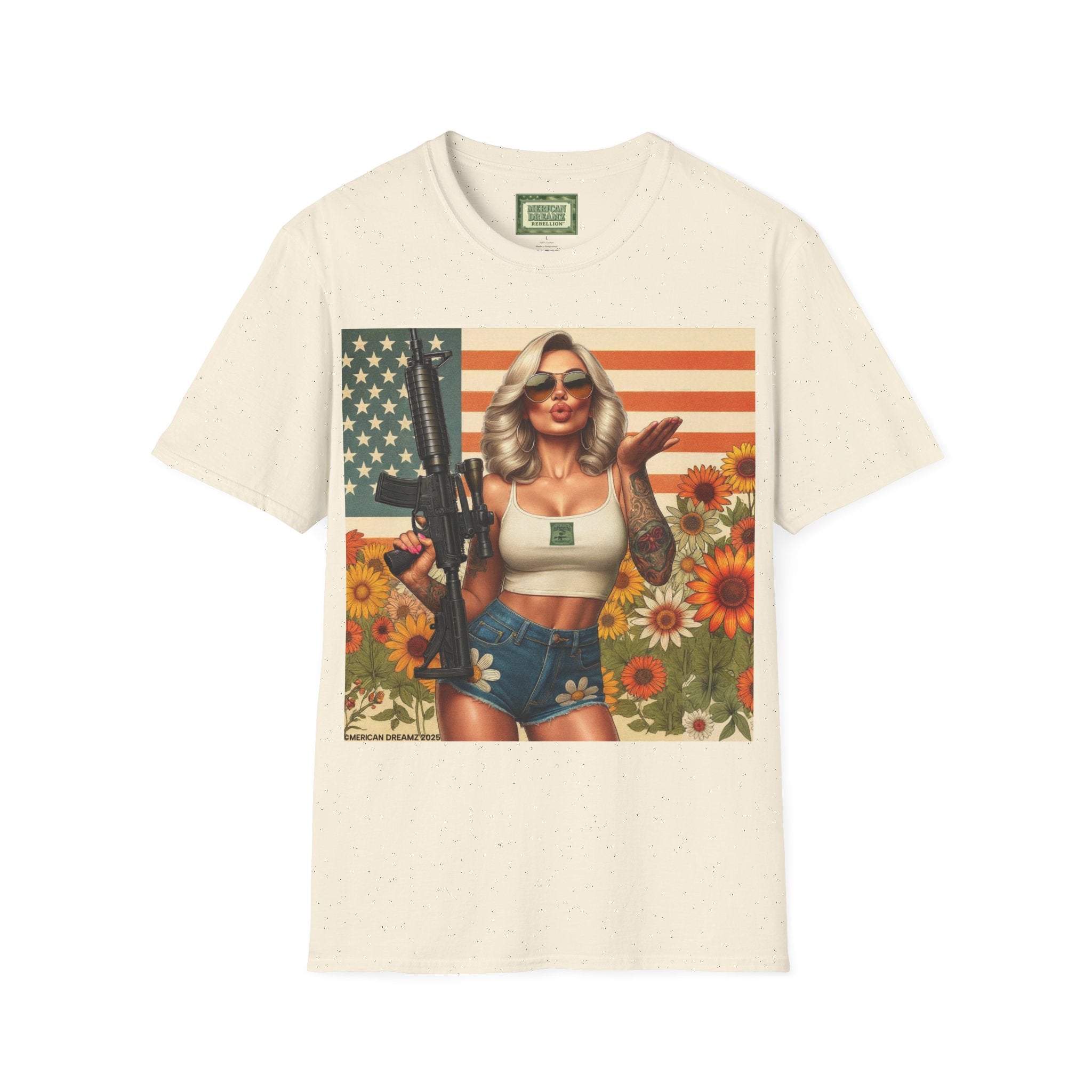 Pin-Up Americana T-Shirt — Retro Floral Gun Cowgirl Vintage Style (US Only)