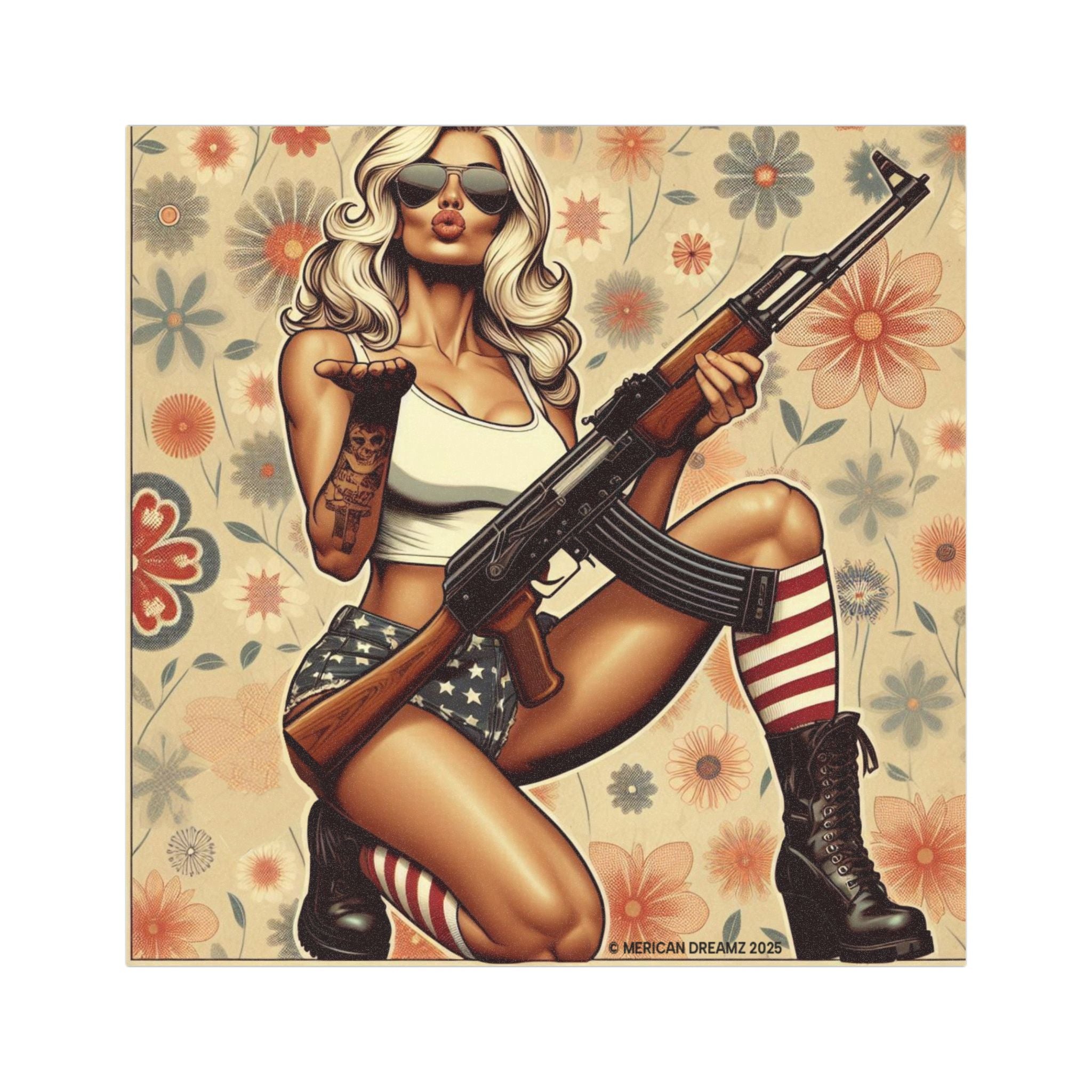 Car Magnet Patriotic Americana Cowgirl with Rifle | Square American Flag Vintage Floral