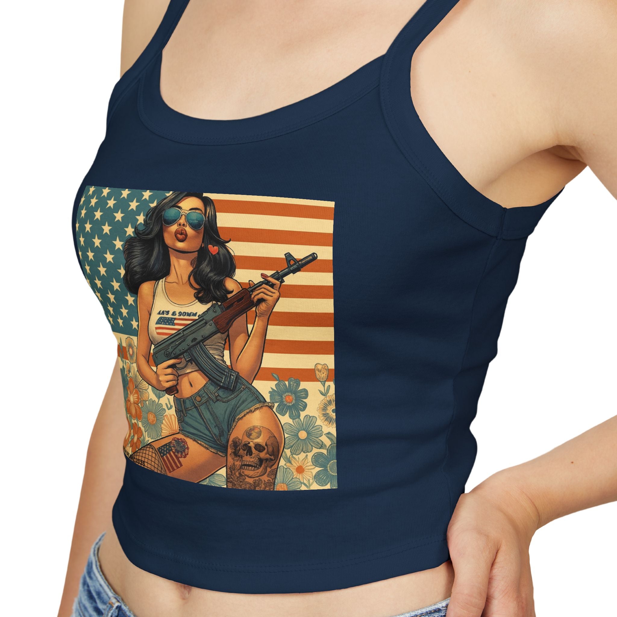 Retro Pinup Girl Tank Top — Vintage Flag & Floral Spaghetti Strap