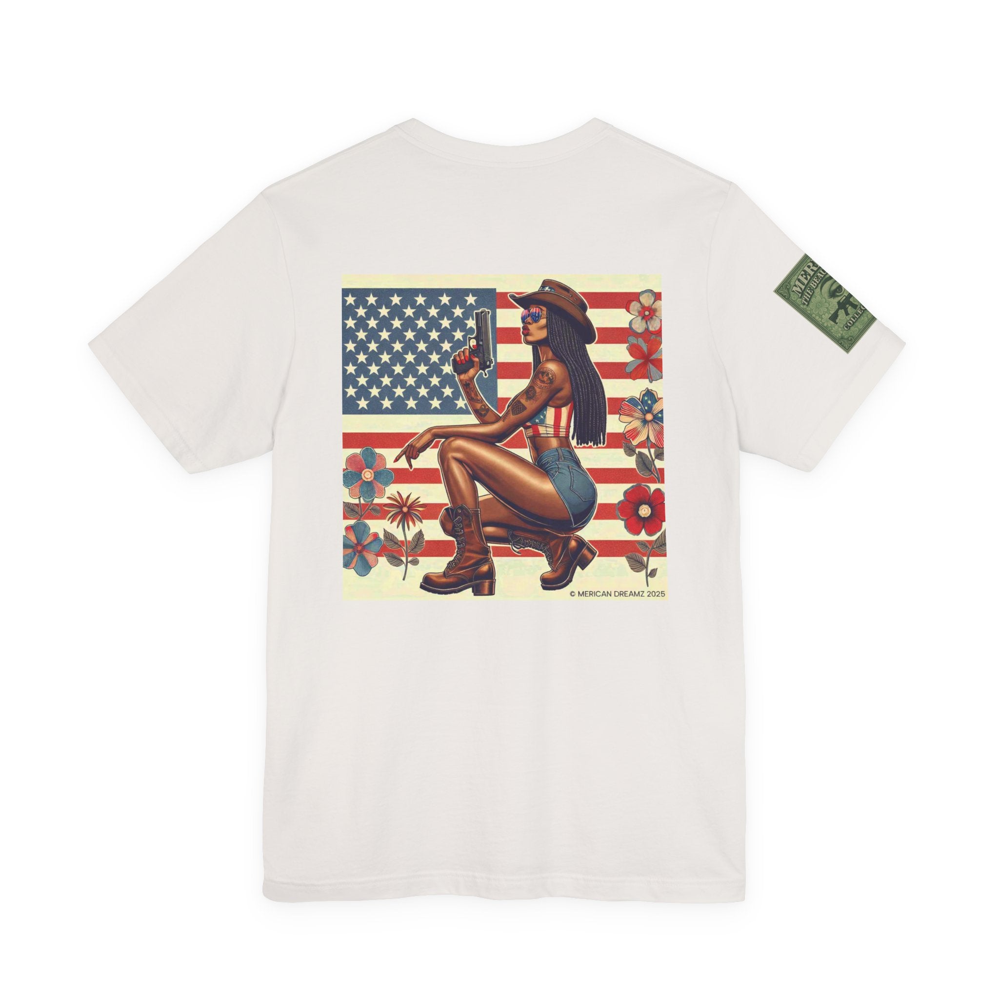 Graphic Short Sleeve Tee front and back — Retro Americana Pin-Up Cowgirls with 9mm Pistols