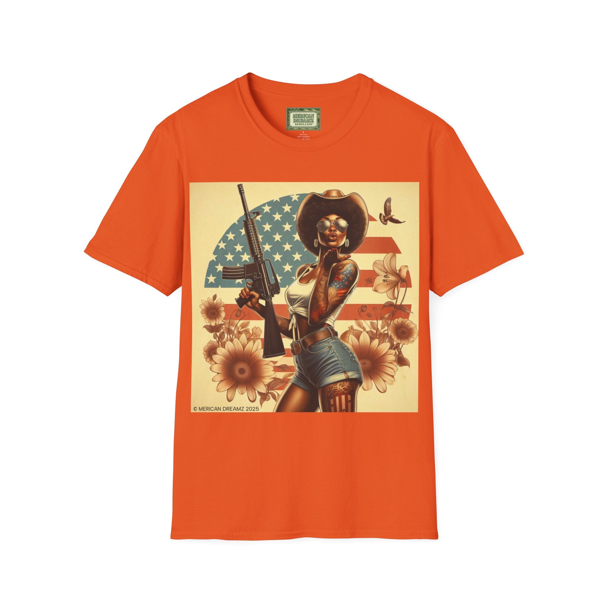 Pin-Up Americana T-Shirt — Retro Floral Gun Cowgirl Vintage Style (US Only)