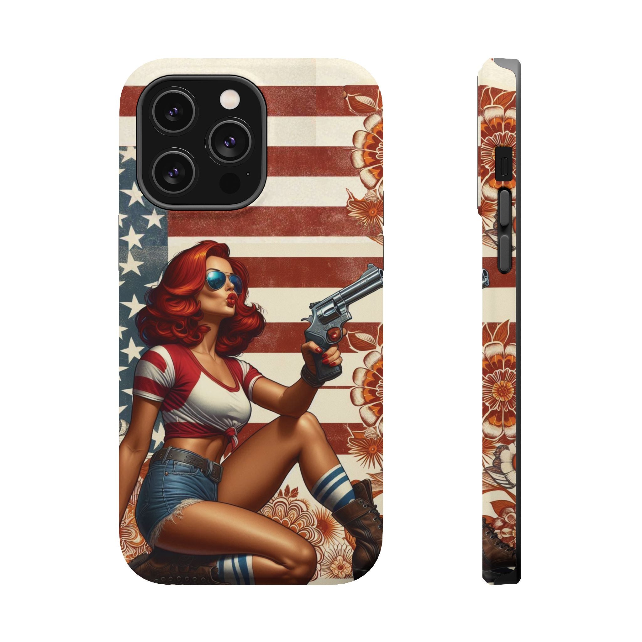 Americana .44 Magnum Pinup Girl - Magnetic Impact‑Resistant Phone Case  iPhone 13-17 / Samsung S26  MagSafe Compatible