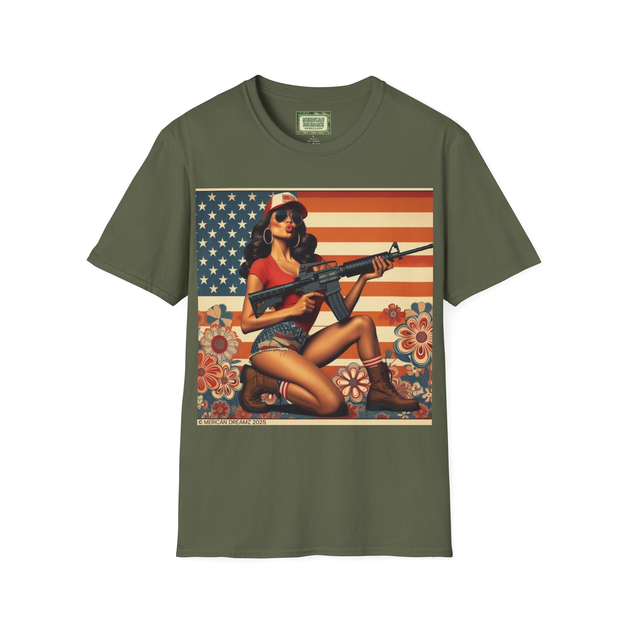 Graphic T-Shirt — Patriotic Pinup Girl with Rifle Vintage Flag Design (US Only)