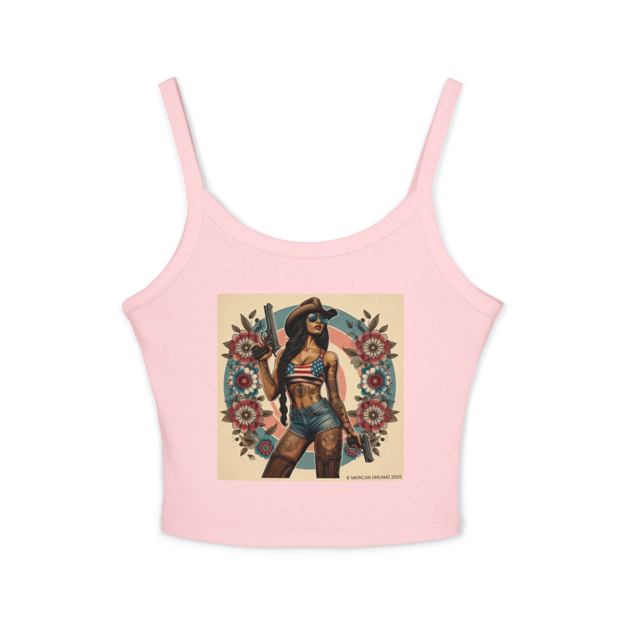 Retro Pinup Girl Tank Top — Vintage Flag & Floral Spaghetti Strap