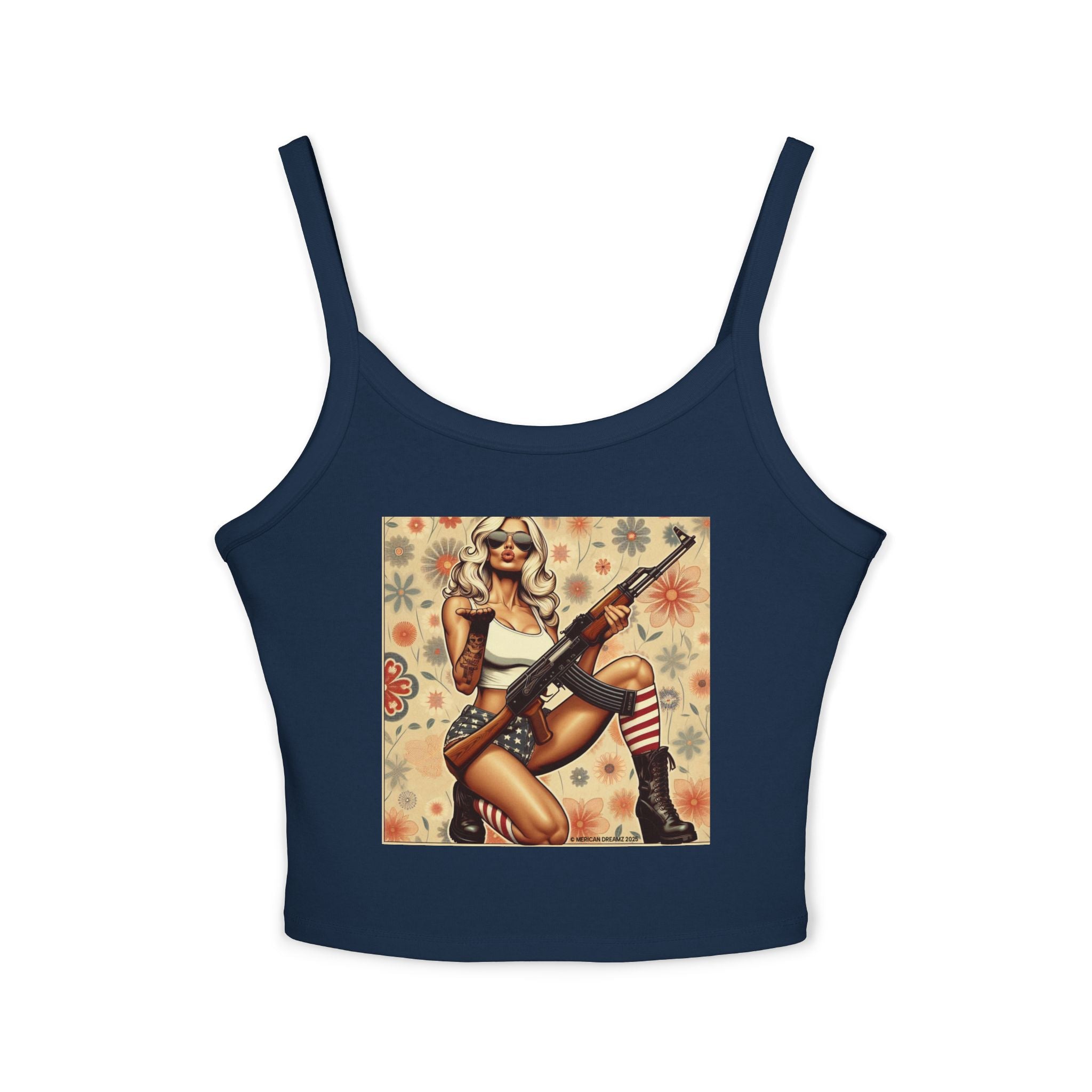 Retro Pinup Girl Tank Top — Vintage Flag & Floral Spaghetti Strap