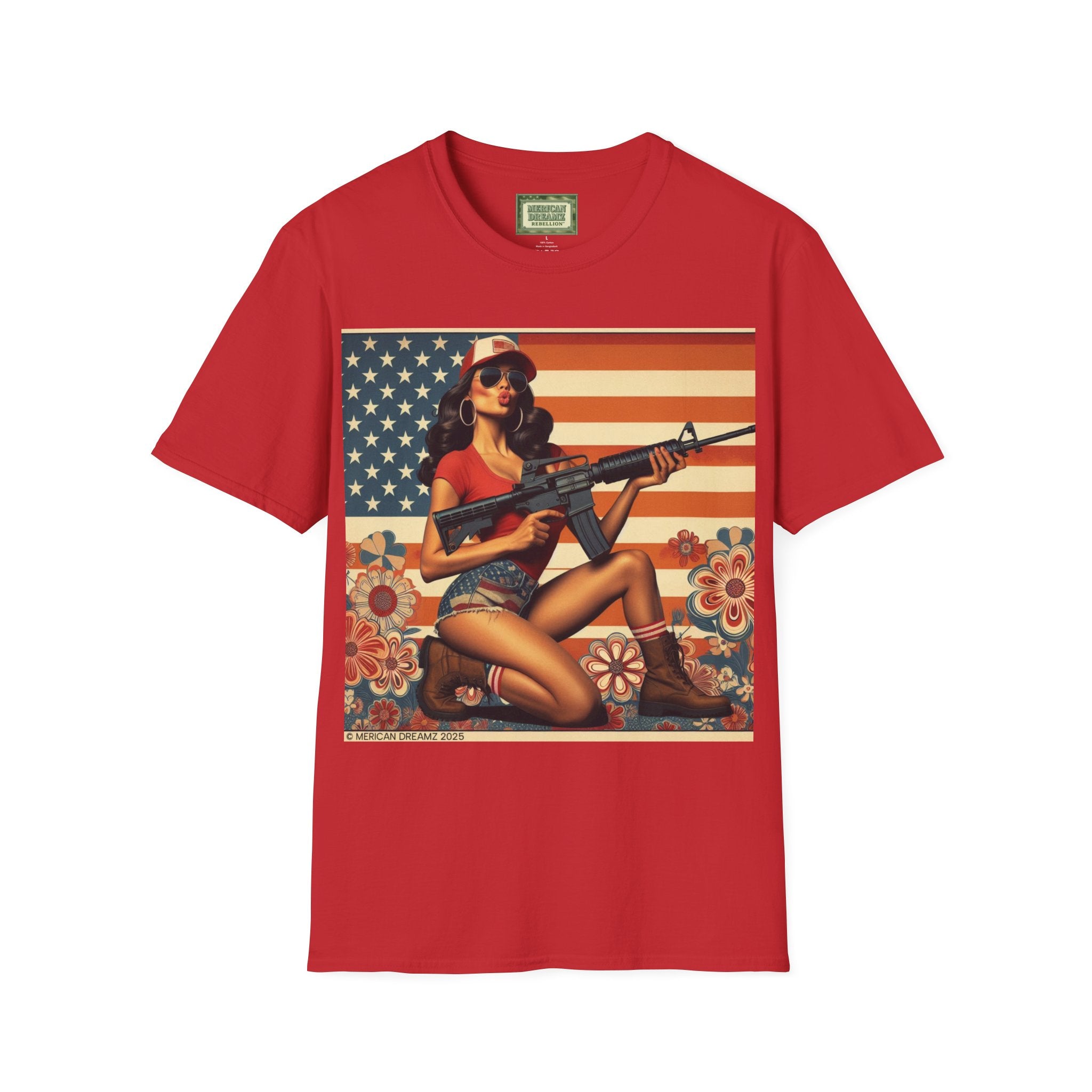 Graphic T-Shirt — Patriotic Pinup Girl with Rifle Vintage Flag Design (US Only)