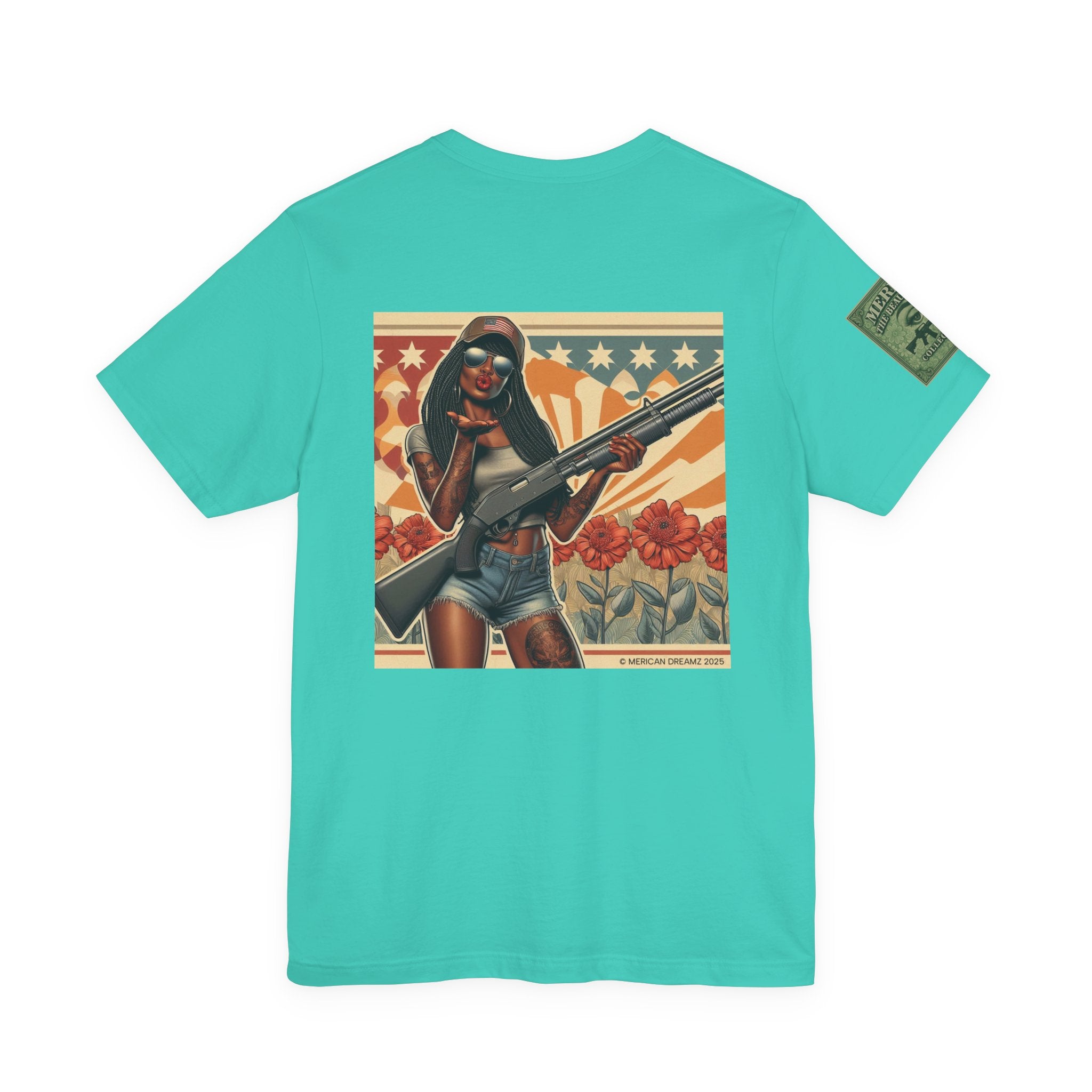 Graphic Short Sleeve Tee front and back — Retro Americana Pin-Up Cowgirls with 12 Gauge Shotguns