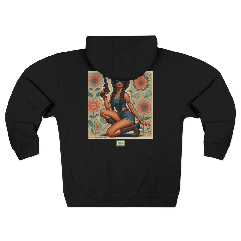 Americana Pinup Cowgirl with 9mm Zip Hoodie — Retro Vintage Patriotic Graphic