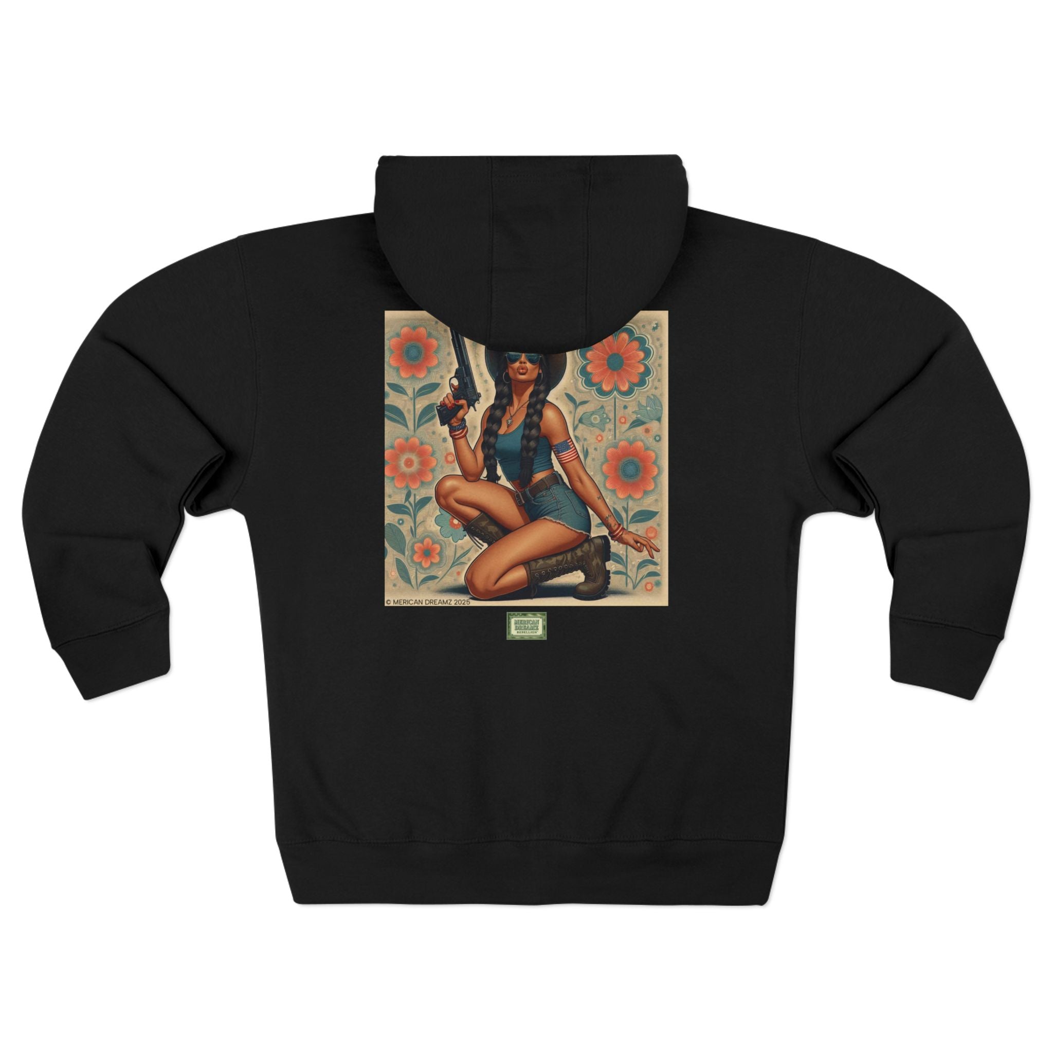 Americana Pinup Cowgirl with 9mm Zip Hoodie — Retro Vintage Patriotic Graphic