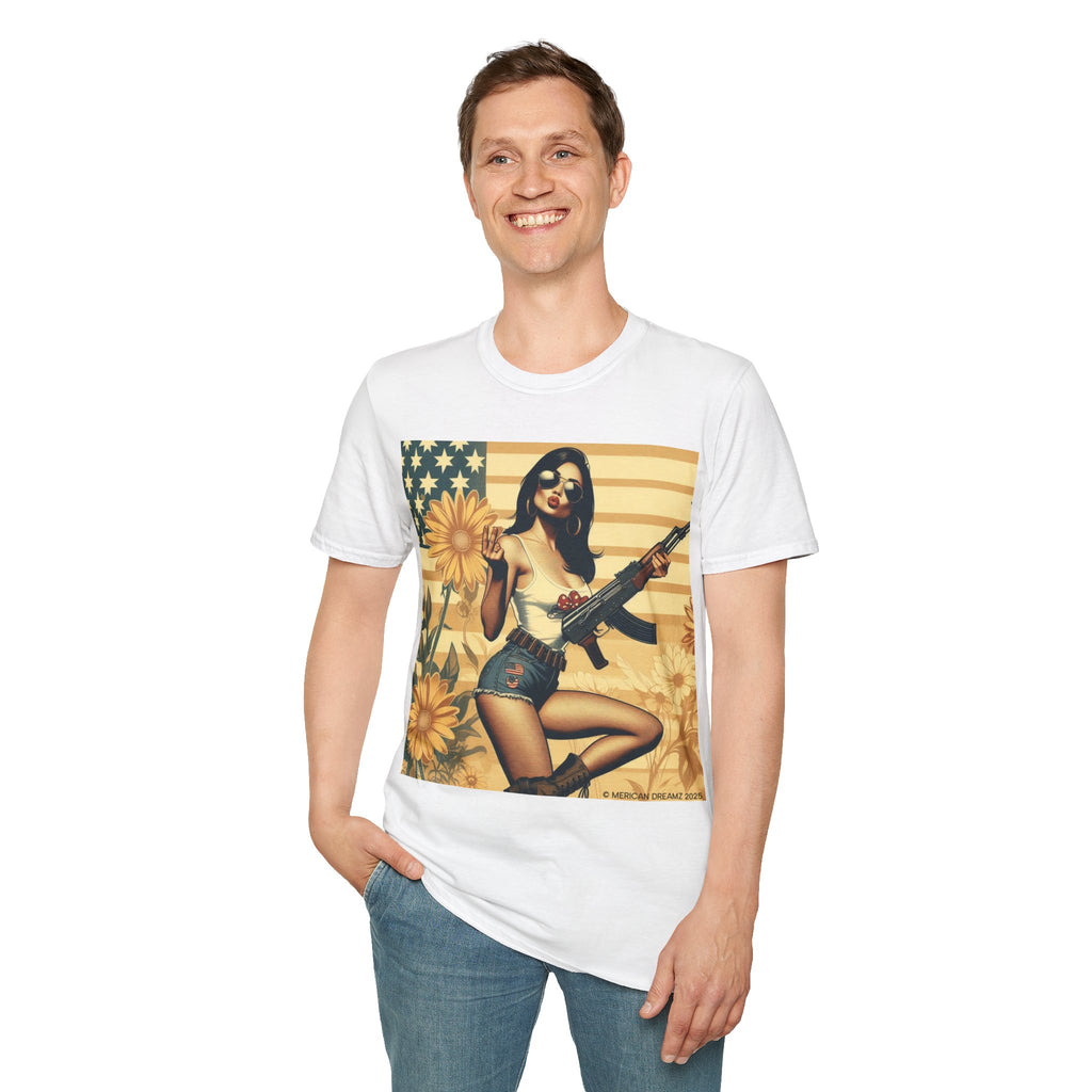 Graphic T-Shirt — Patriotic Pinup Girl with Rifle Vintage Flag Design (US Only)