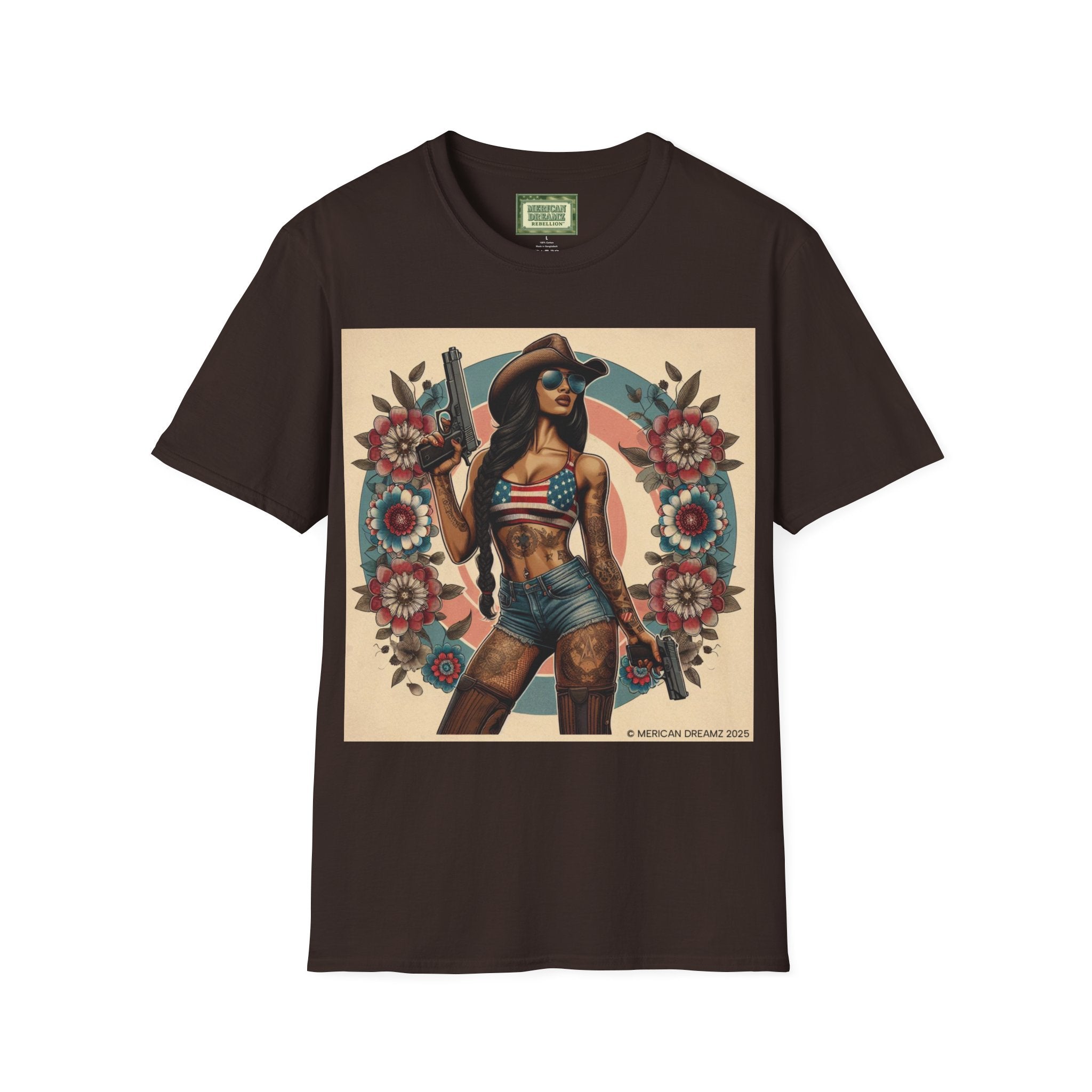 Pin-Up Americana T-Shirt — Retro Floral Gun Cowgirl Vintage Style (US Only)