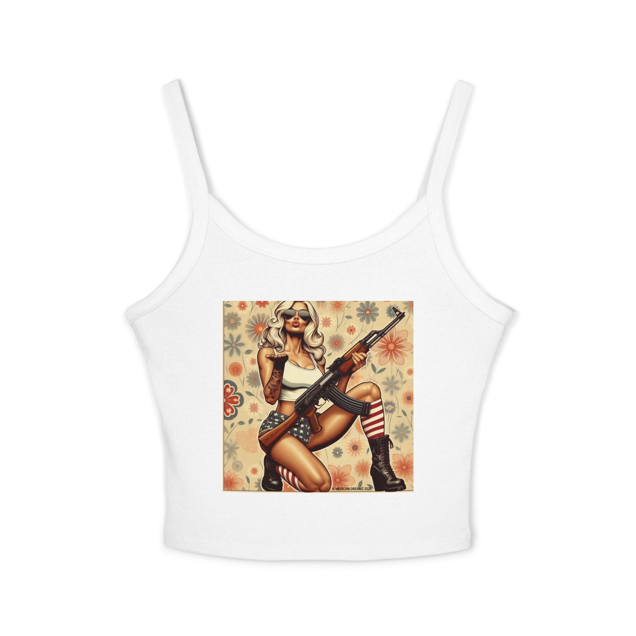 Retro Pinup Girl Tank Top — Vintage Flag & Floral Spaghetti Strap