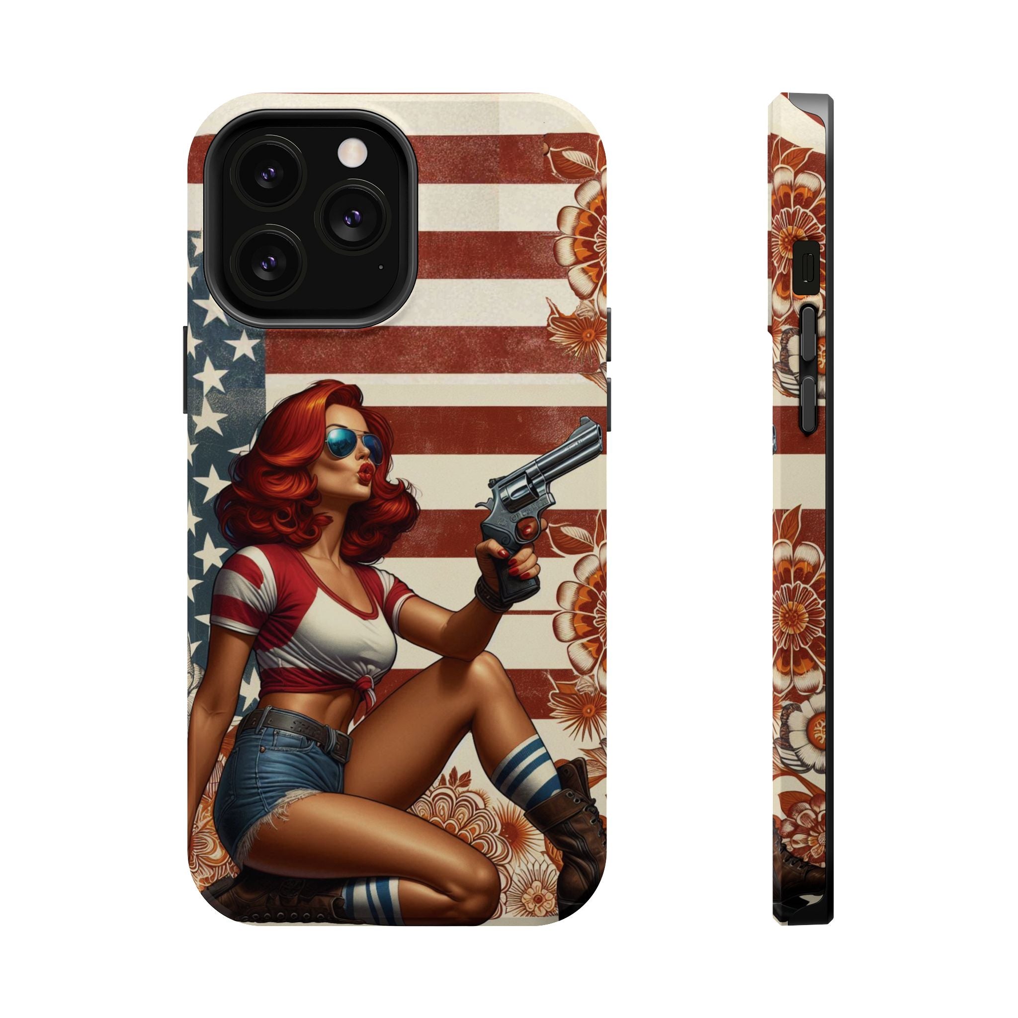 Americana .44 Magnum Pinup Girl - Magnetic Impact‑Resistant Phone Case  iPhone 13-17 / Samsung S26  MagSafe Compatible