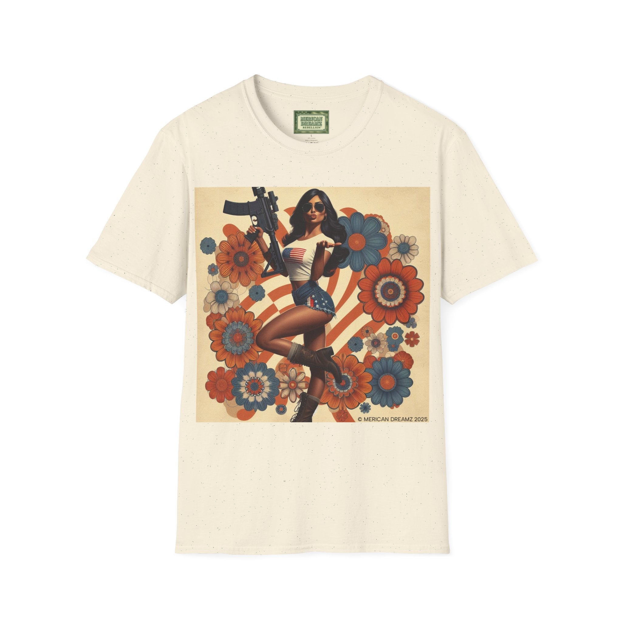 Graphic T-Shirt — Patriotic Pinup Girl with Rifle Vintage Flag Design (US Only)