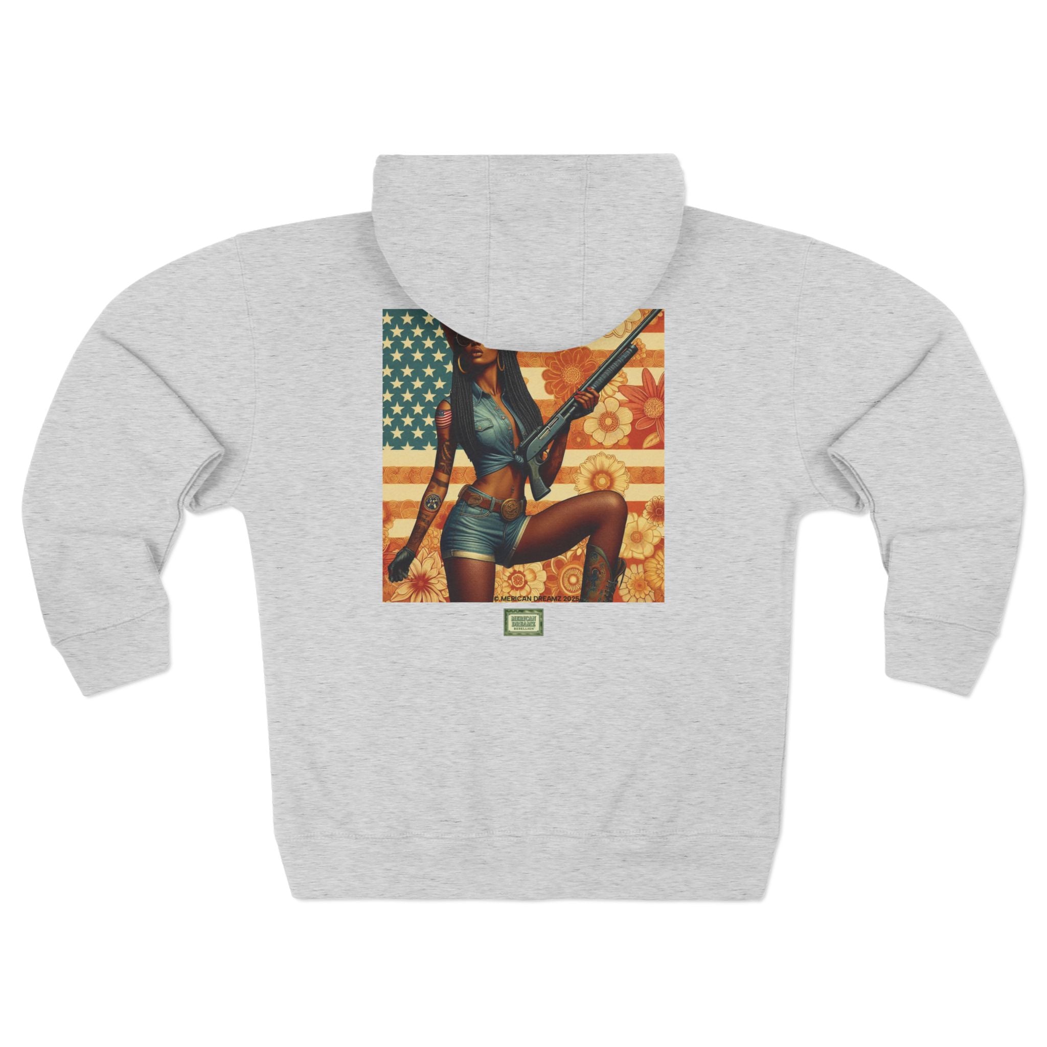 Americana Pinup Cowgirl with Shotgun Zip Hoodie — Retro Vintage Patriotic Graphic