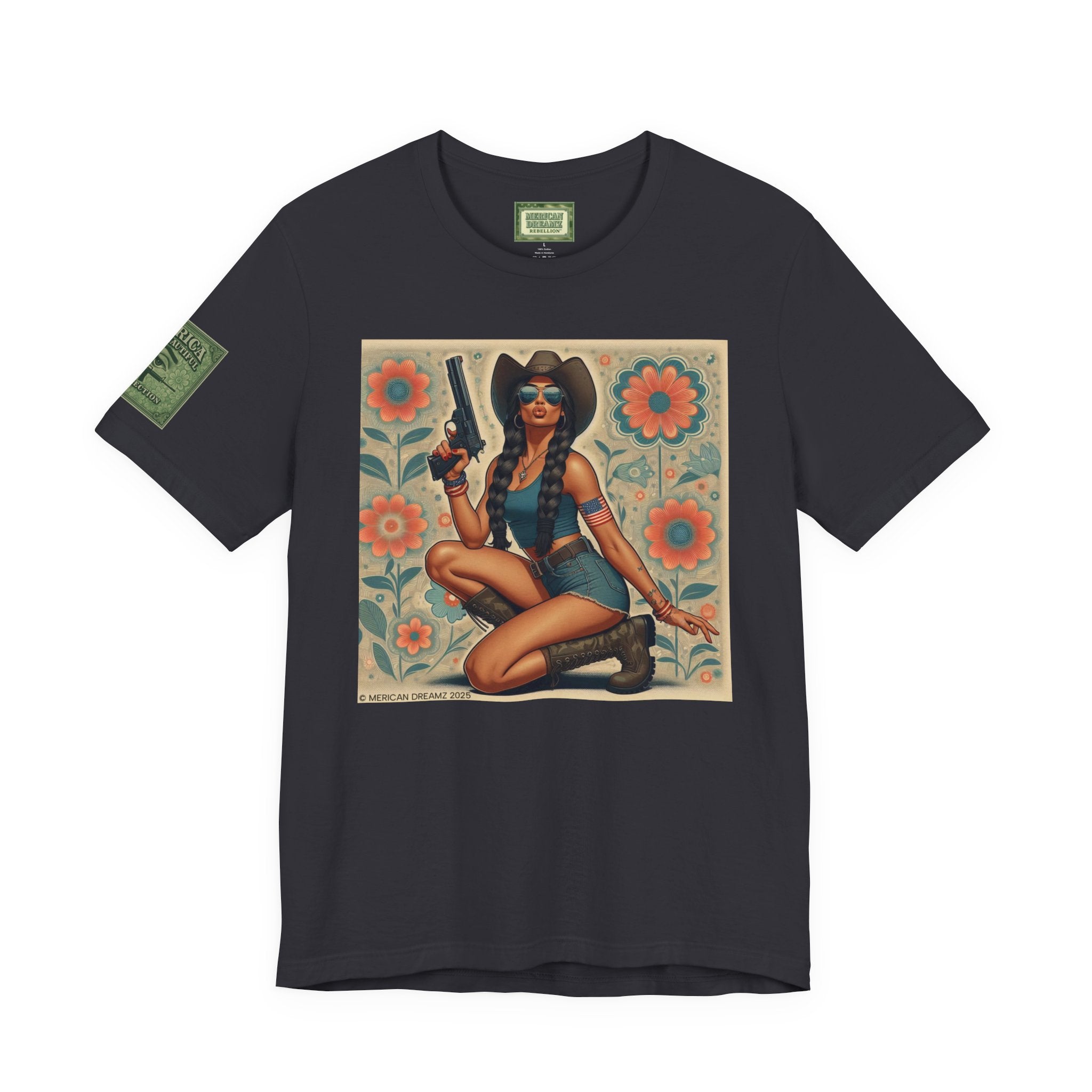 Graphic Short Sleeve Tee front and back — Retro Americana Pin-Up Cowgirls with 9mm Pistols